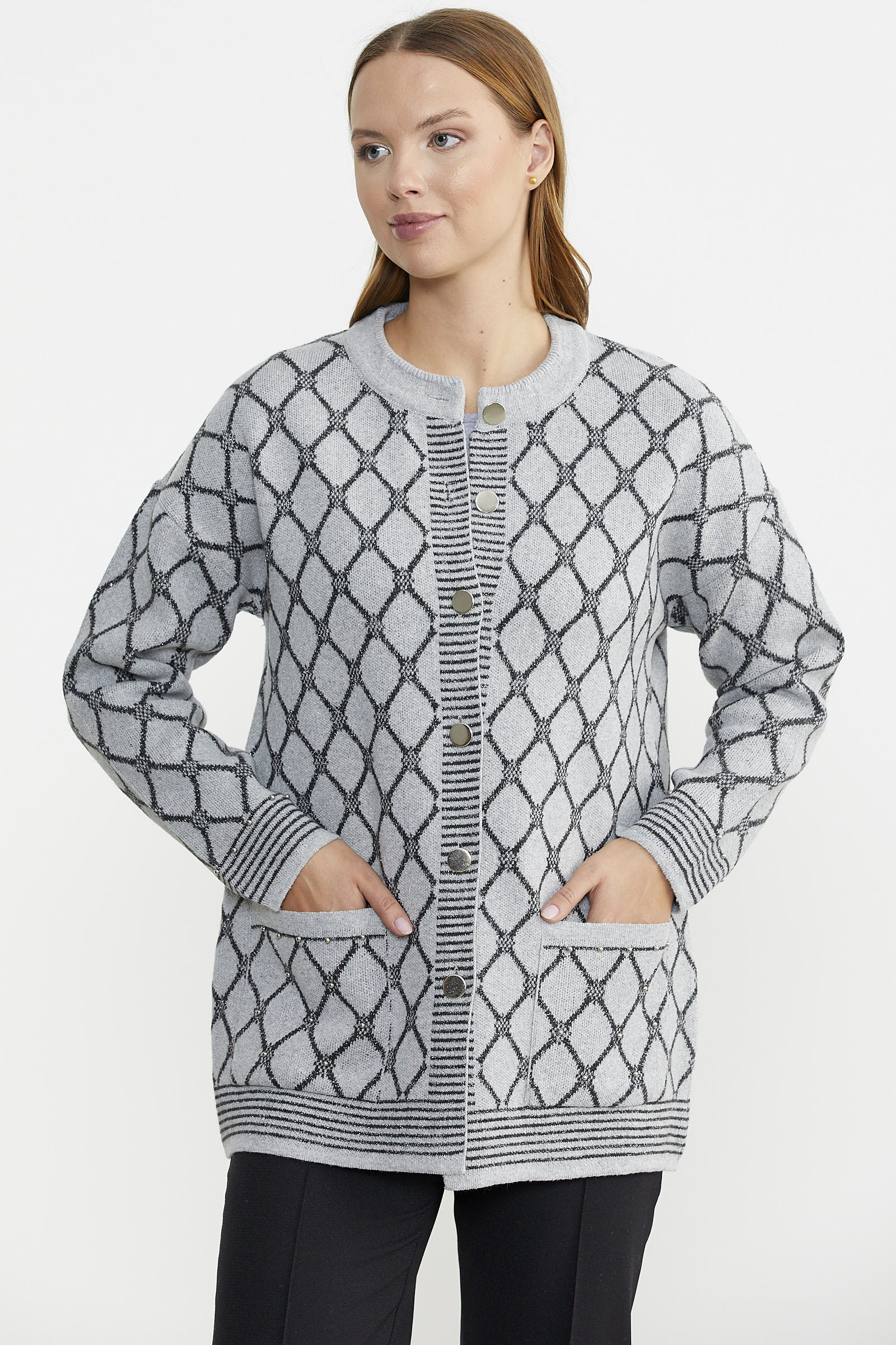 Baklava Desen Çift Renk Yünlü Triko Ceket - Gri - Sementa