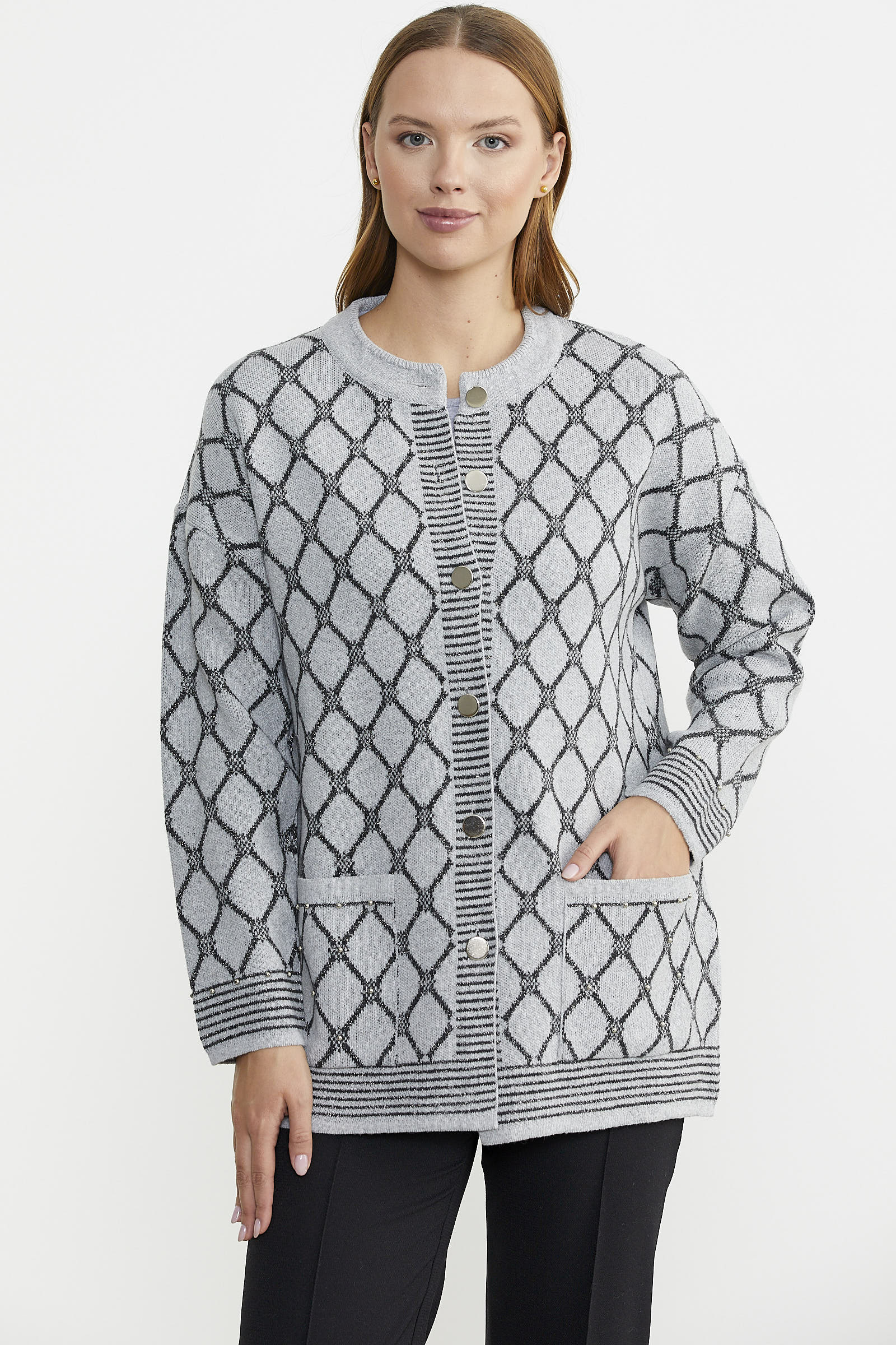 Baklava Desen Çift Renk Yünlü Triko Ceket - Gri - Sementa