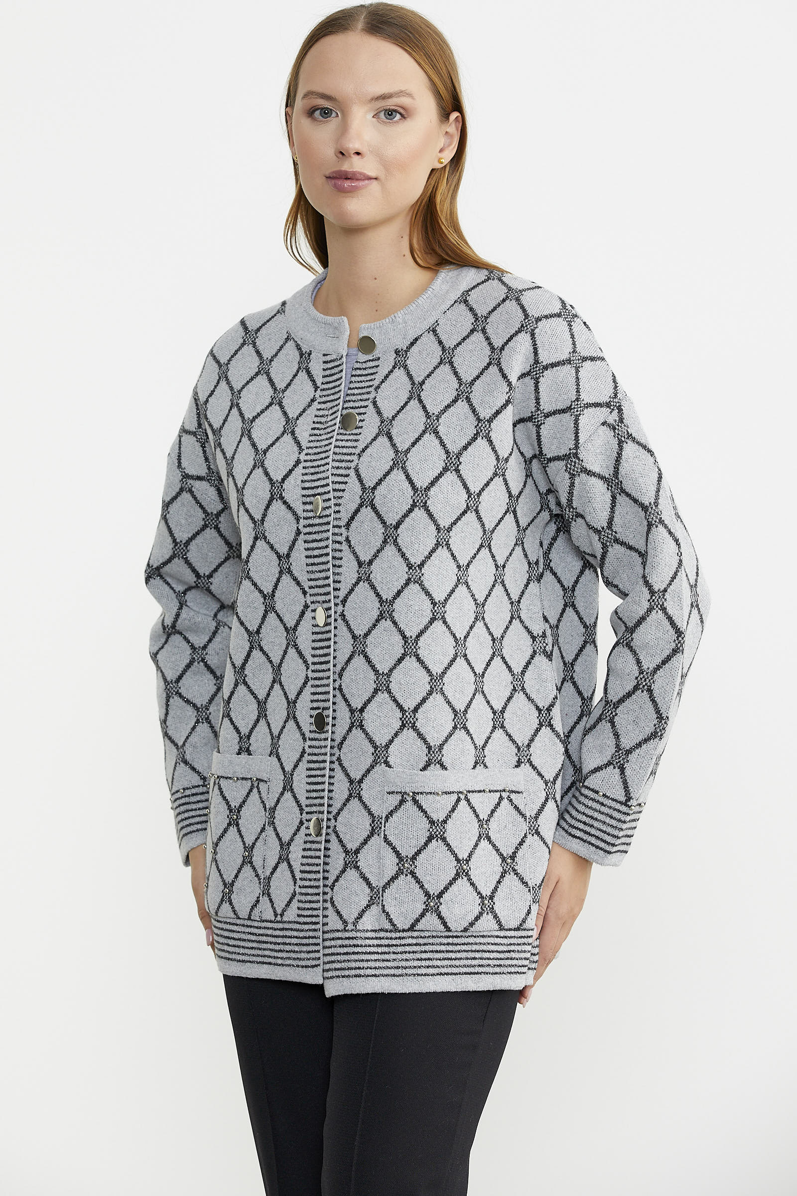 Baklava Desen Çift Renk Yünlü Triko Ceket - Gri - Sementa