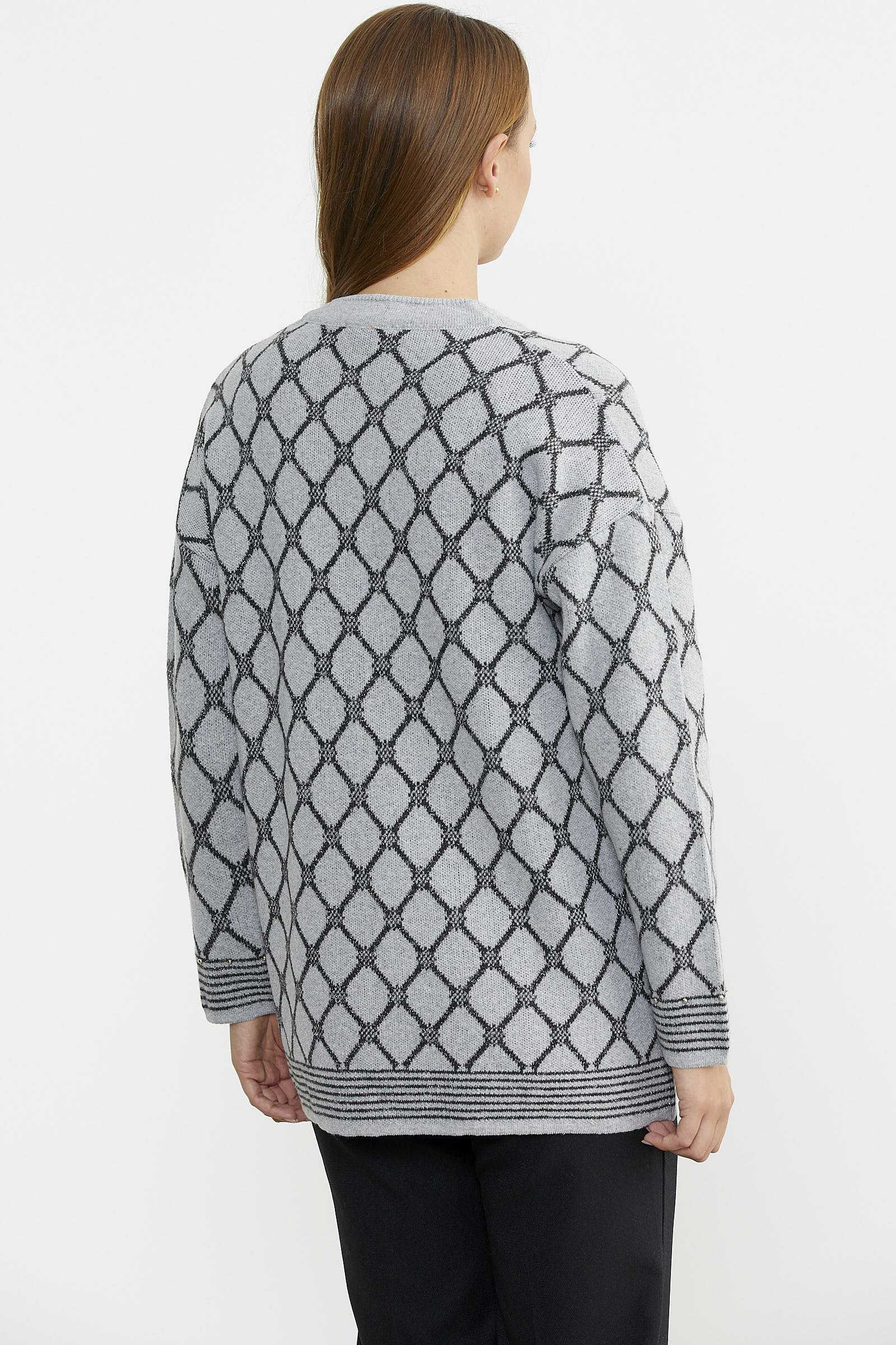 Baklava Desen Çift Renk Yünlü Triko Ceket - Gri - Sementa