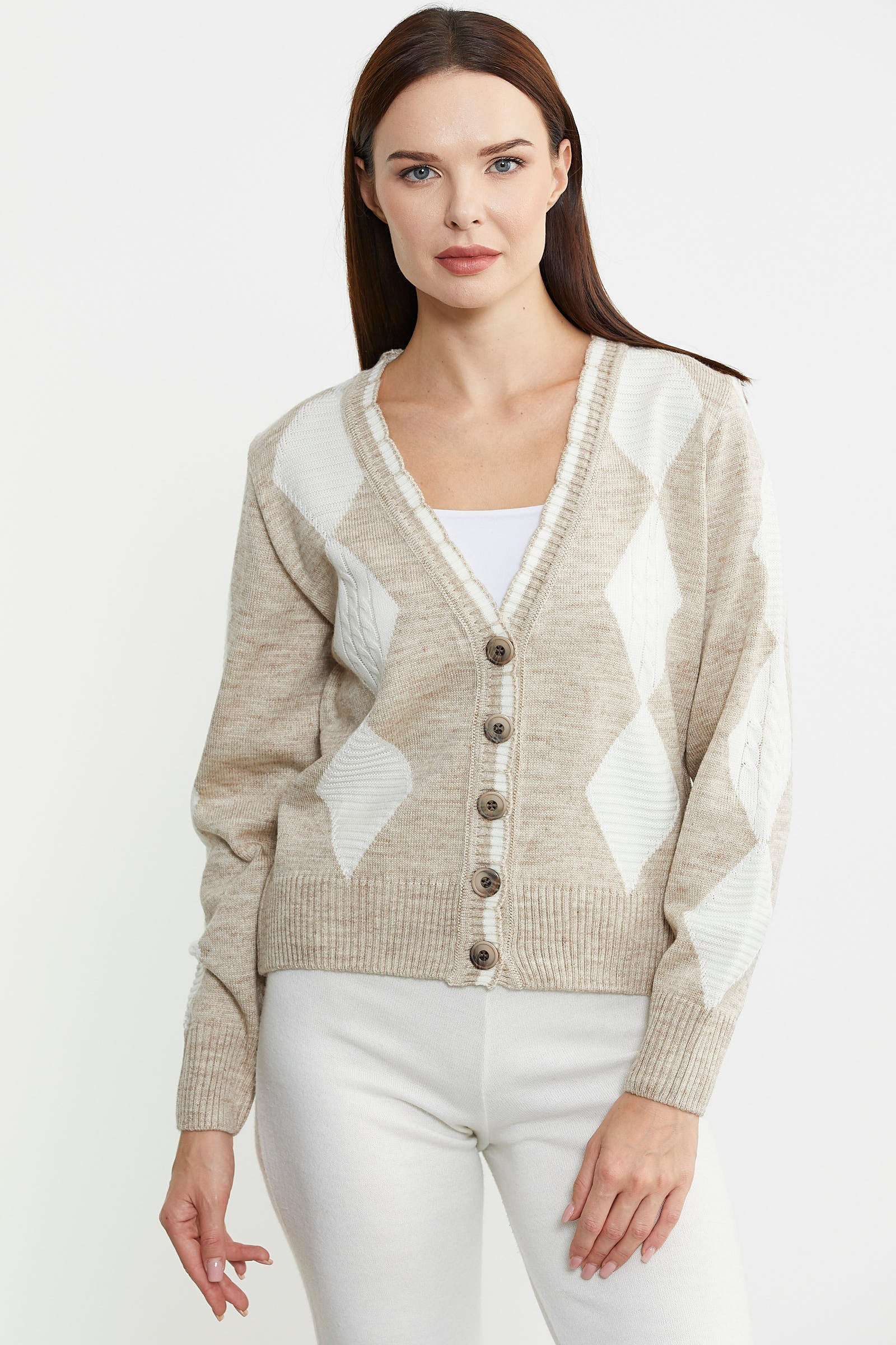 Baklava Desenli Çift Renk Yünlü Triko Hırka - Bej - Sementa