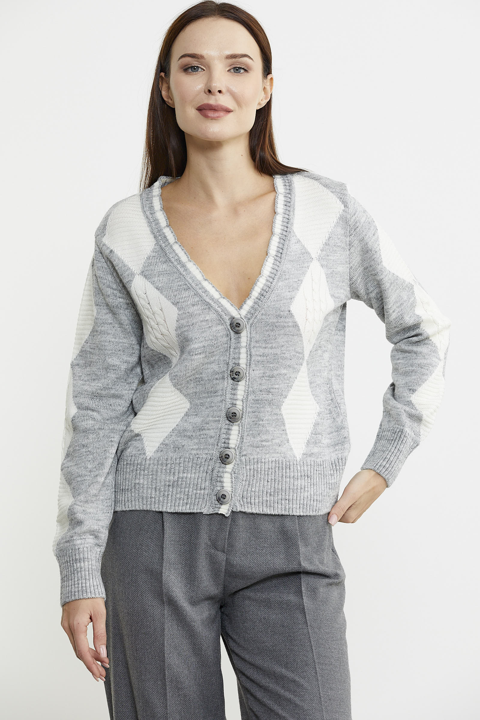 Baklava Desenli Çift Renk Yünlü Triko Hırka - Gri - Sementa