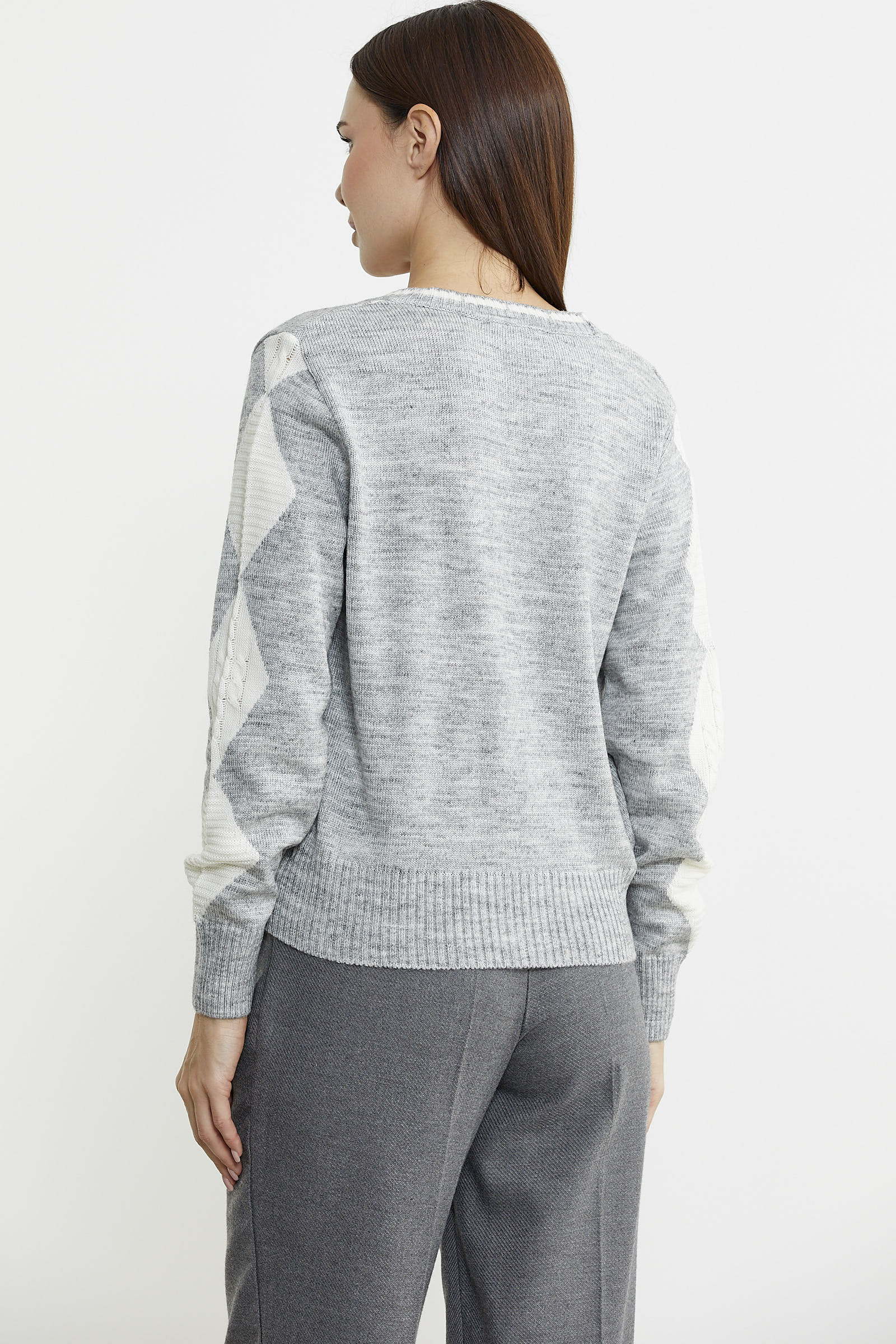 Baklava Desenli Çift Renk Yünlü Triko Hırka - Gri - Sementa