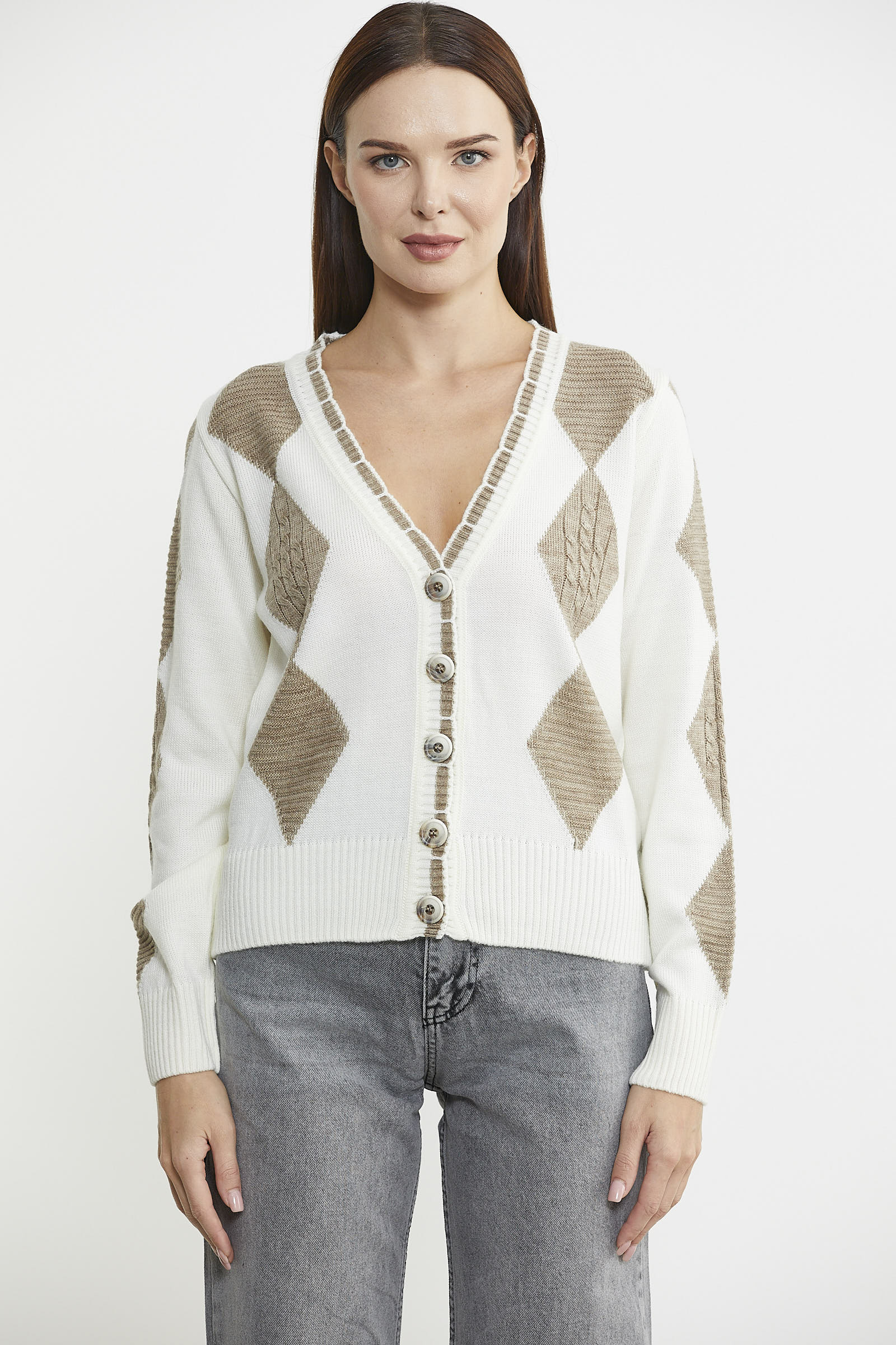 Baklava Desenli Çift Renk Yünlü Triko Hırka - Kemik - Sementa