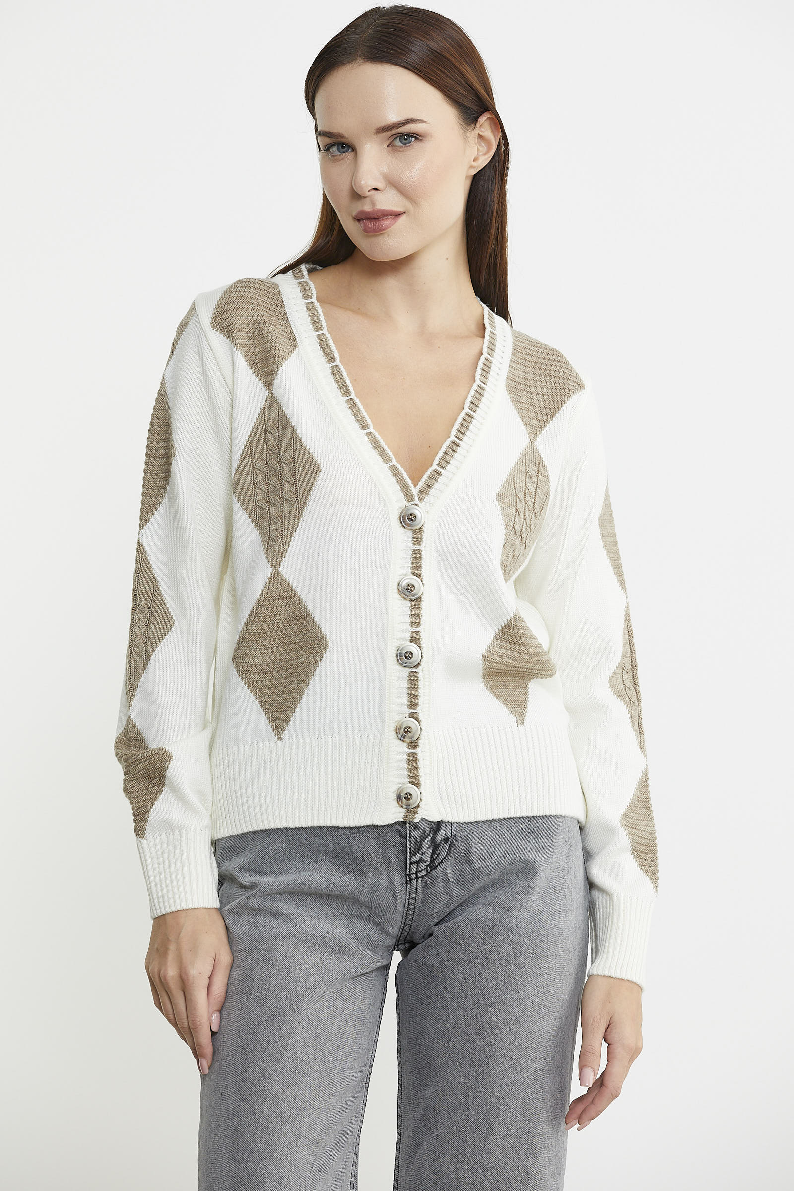 Baklava Desenli Çift Renk Yünlü Triko Hırka - Kemik - Sementa