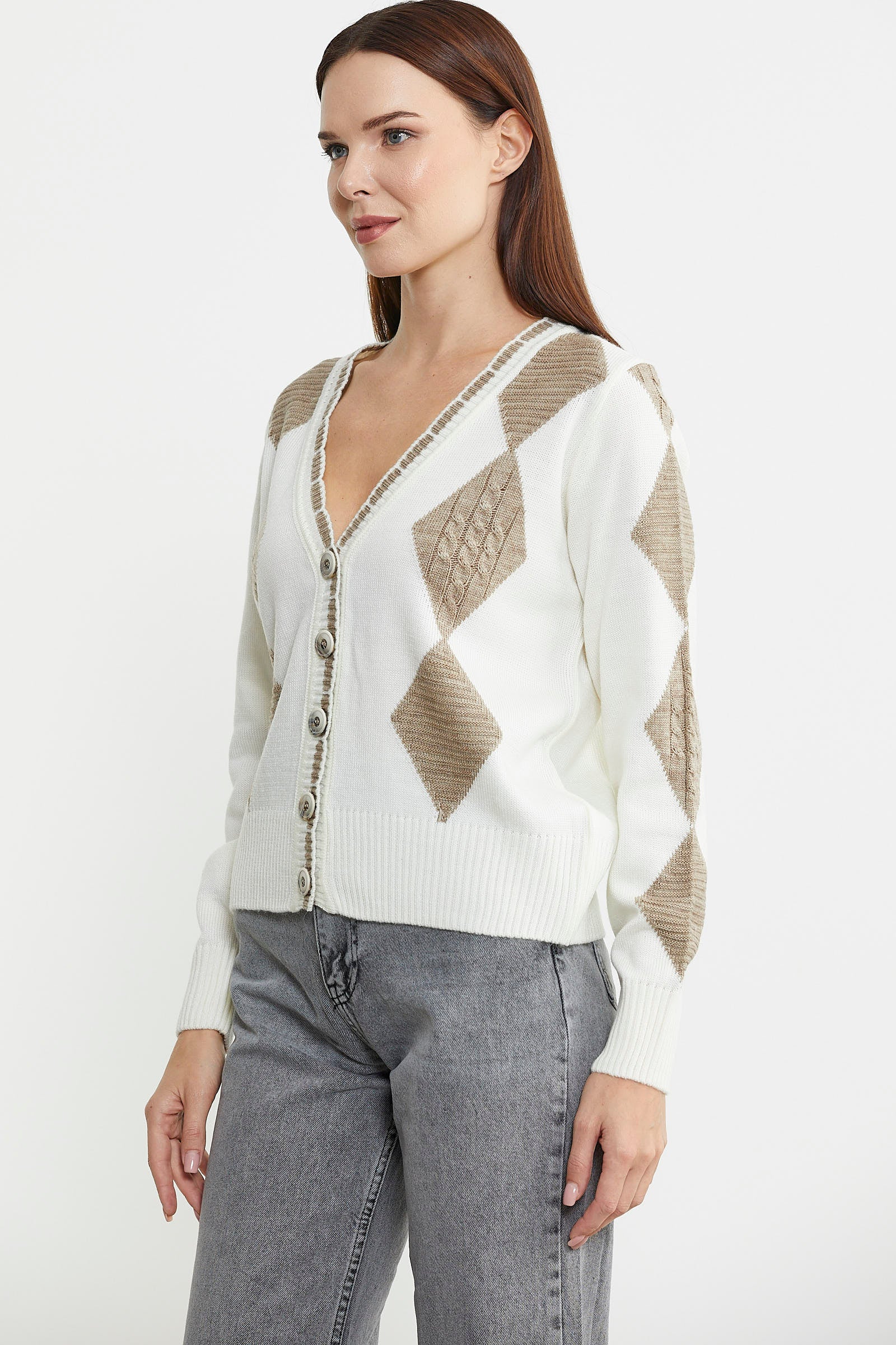 Baklava Desenli Çift Renk Yünlü Triko Hırka - Kemik - Sementa