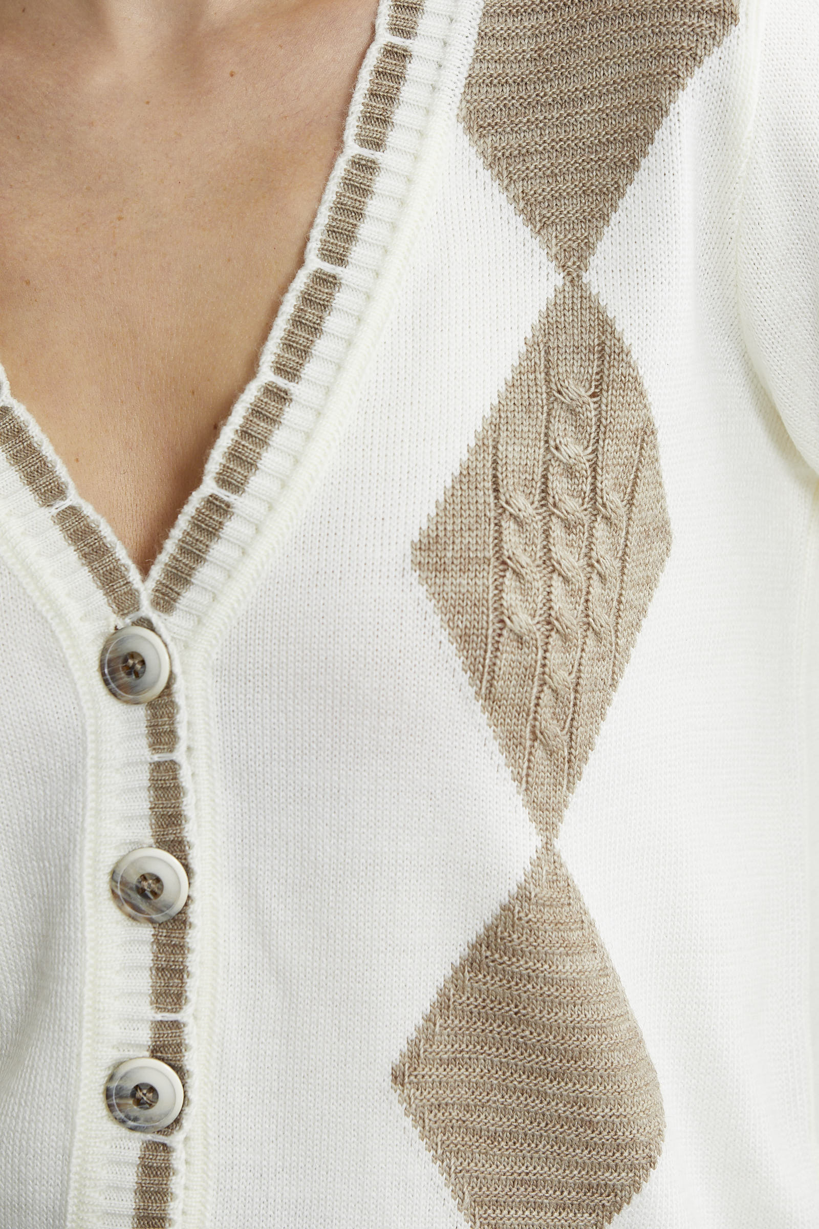 Baklava Desenli Çift Renk Yünlü Triko Hırka - Kemik - Sementa