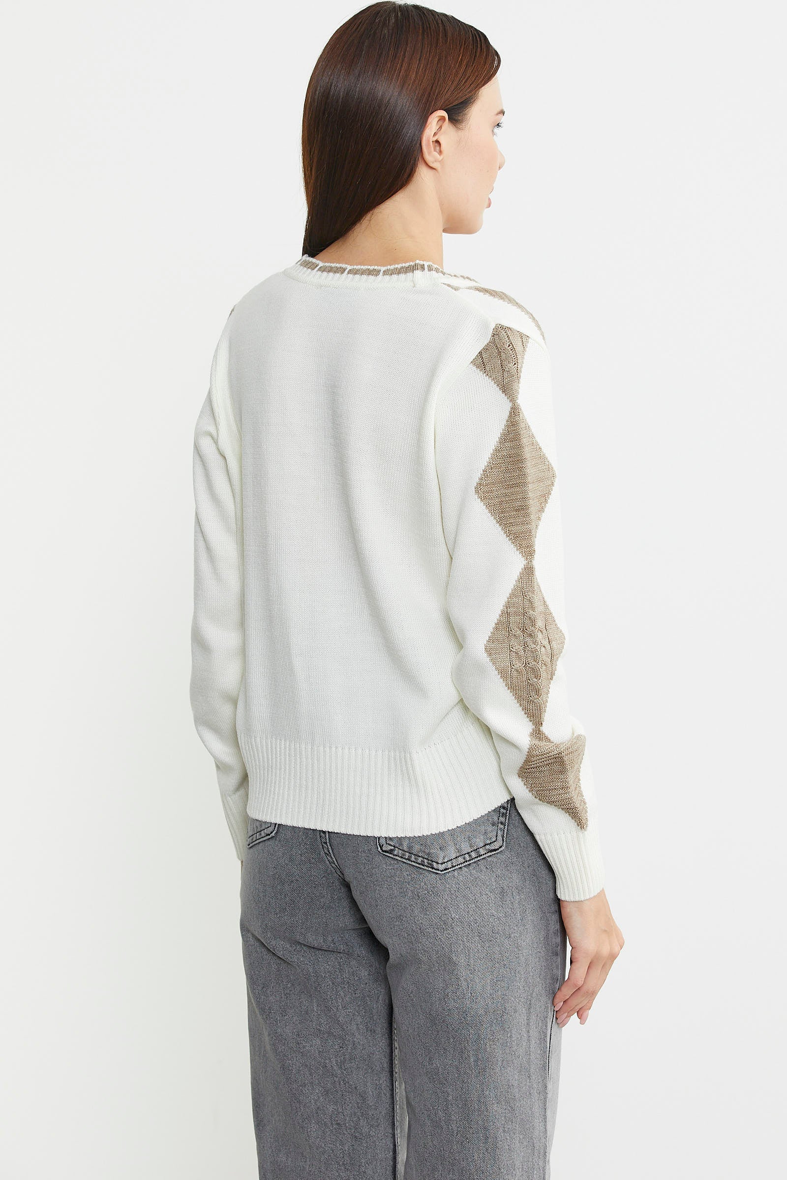 Baklava Desenli Çift Renk Yünlü Triko Hırka - Kemik - Sementa