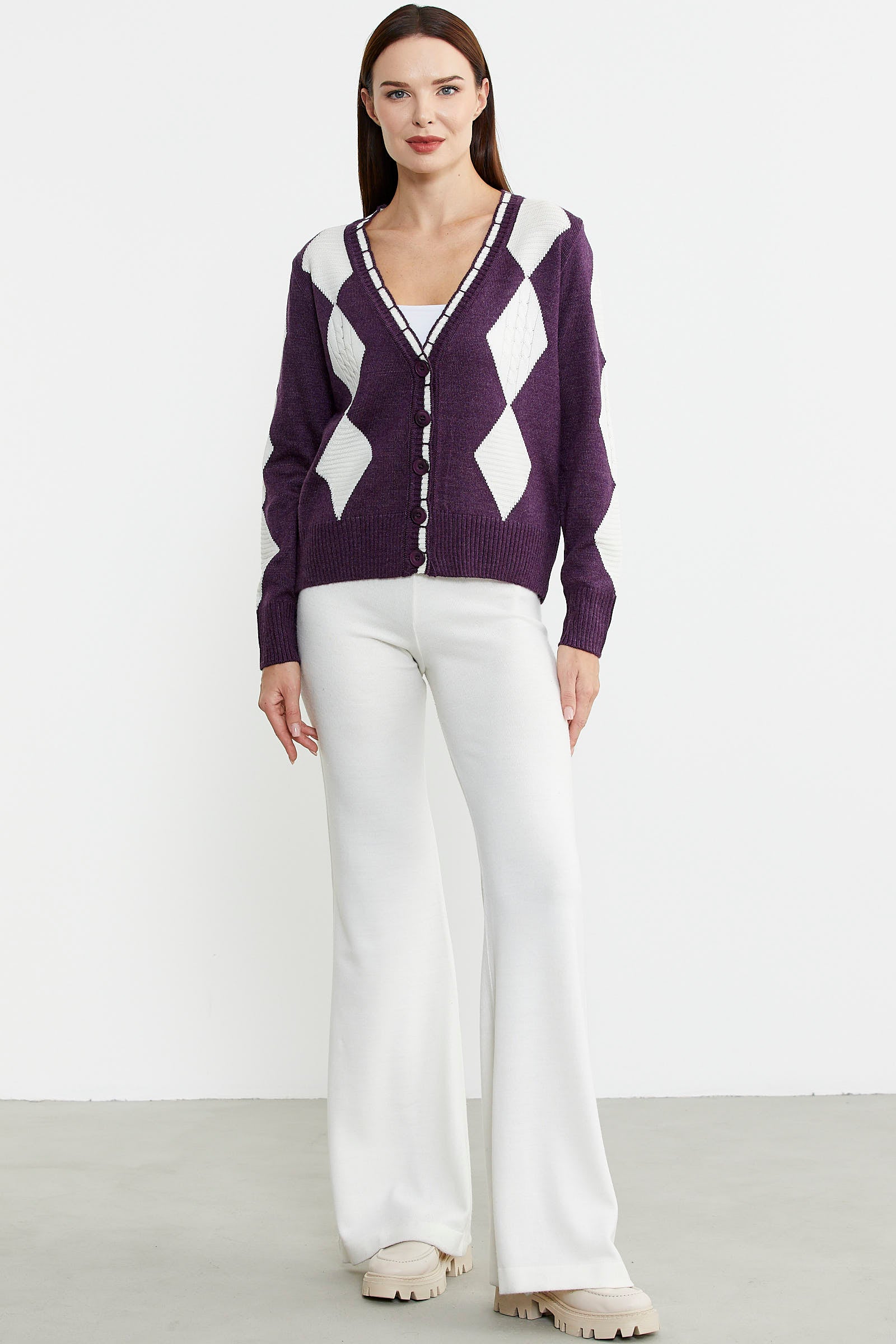 Baklava Desenli Çift Renk Yünlü Triko Hırka - Mor - Sementa