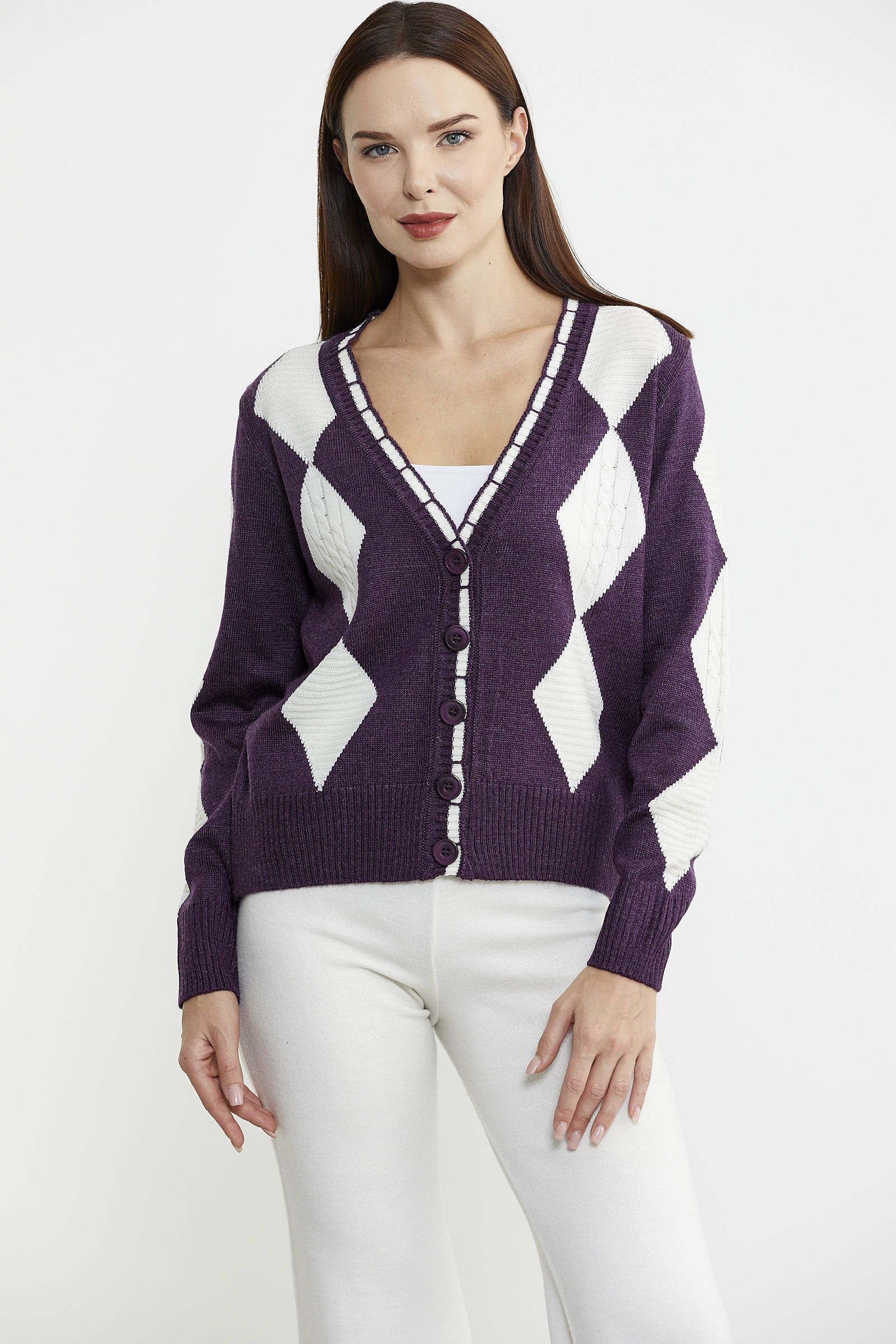 Baklava Desenli Çift Renk Yünlü Triko Hırka - Mor - Sementa