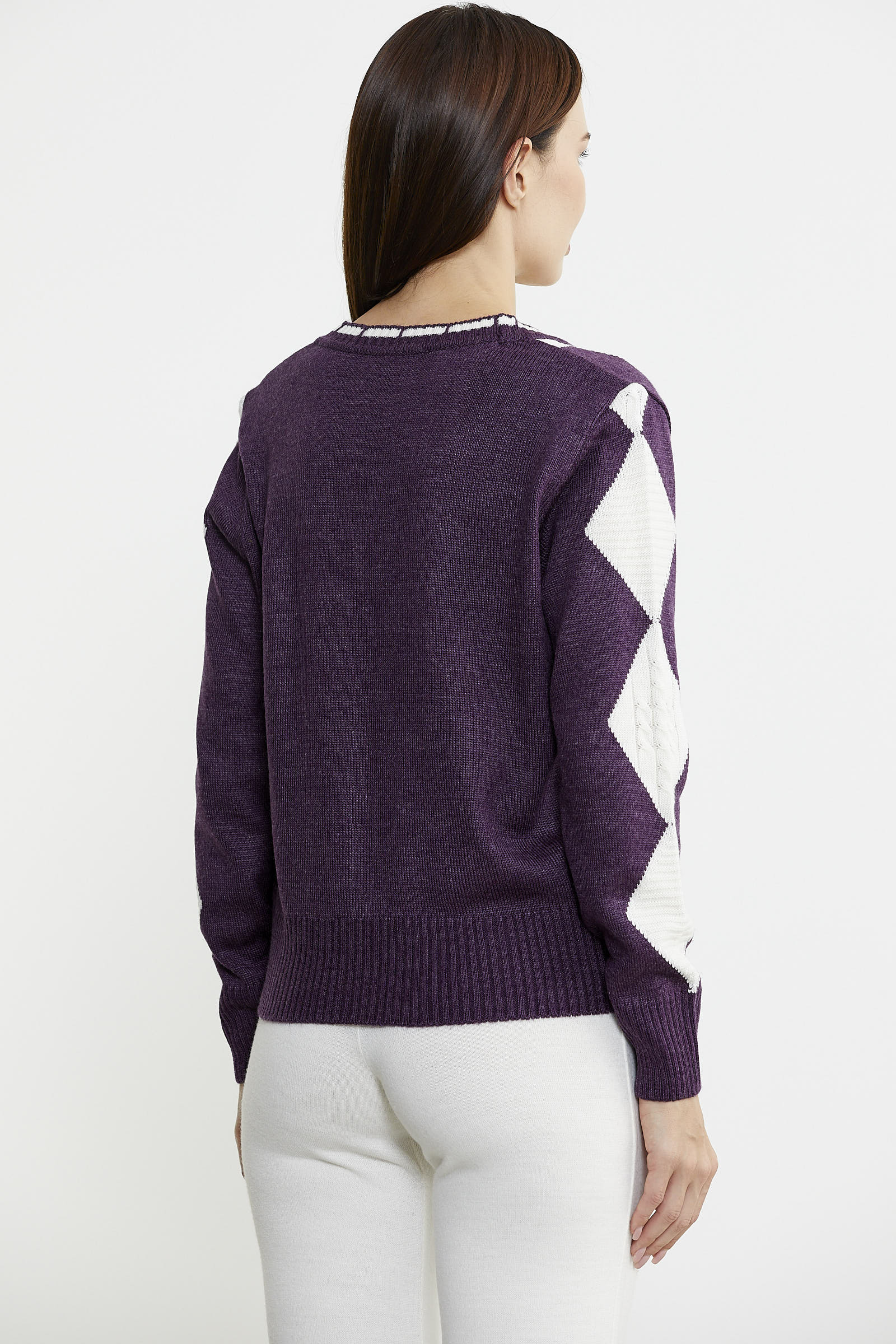Baklava Desenli Çift Renk Yünlü Triko Hırka - Mor - Sementa