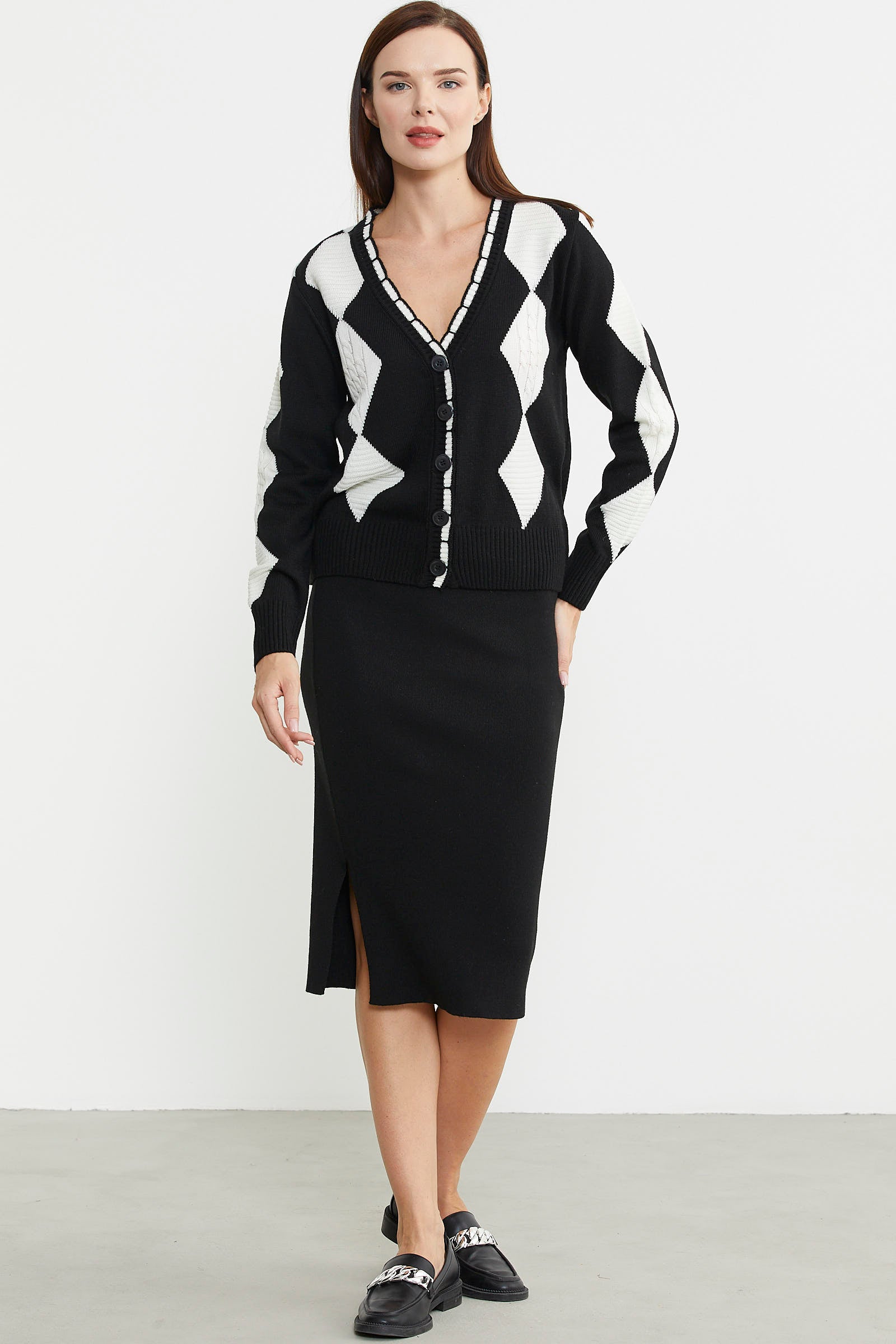 Baklava Desenli Çift Renk Yünlü Triko Hırka - Siyah - Sementa