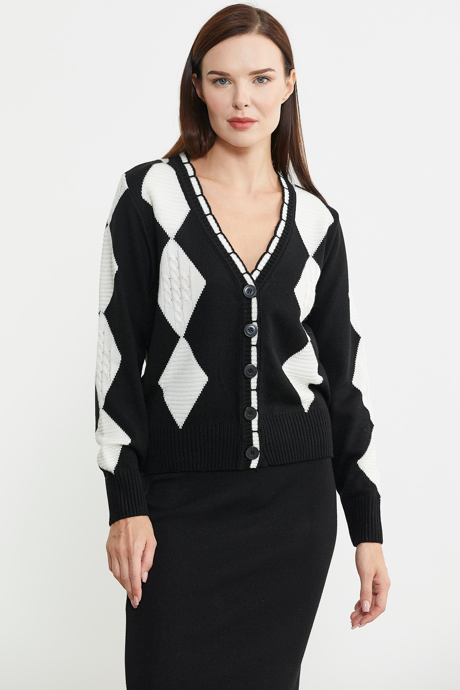 Baklava Desenli Çift Renk Yünlü Triko Hırka - Siyah - Sementa