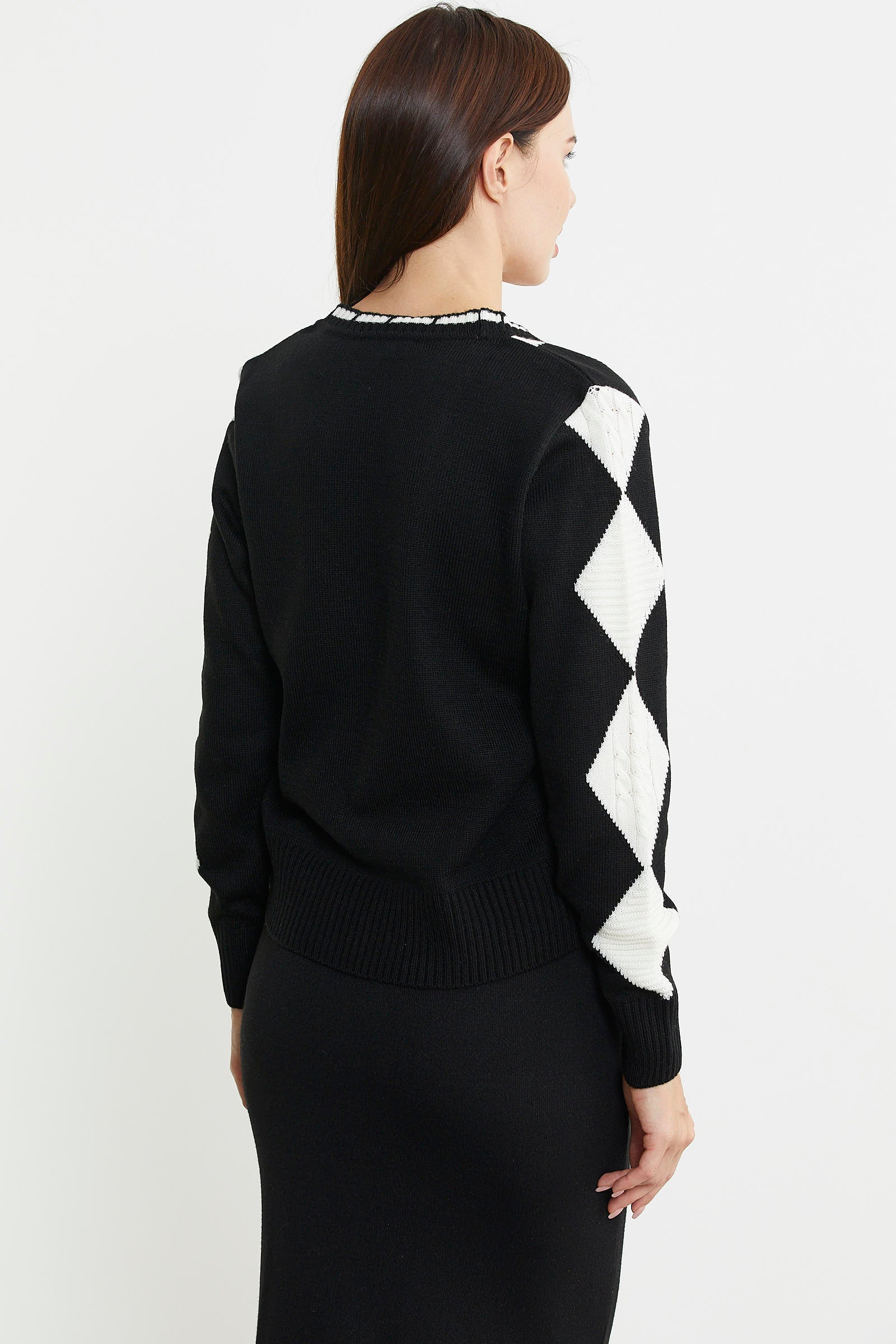Baklava Desenli Çift Renk Yünlü Triko Hırka - Siyah - Sementa