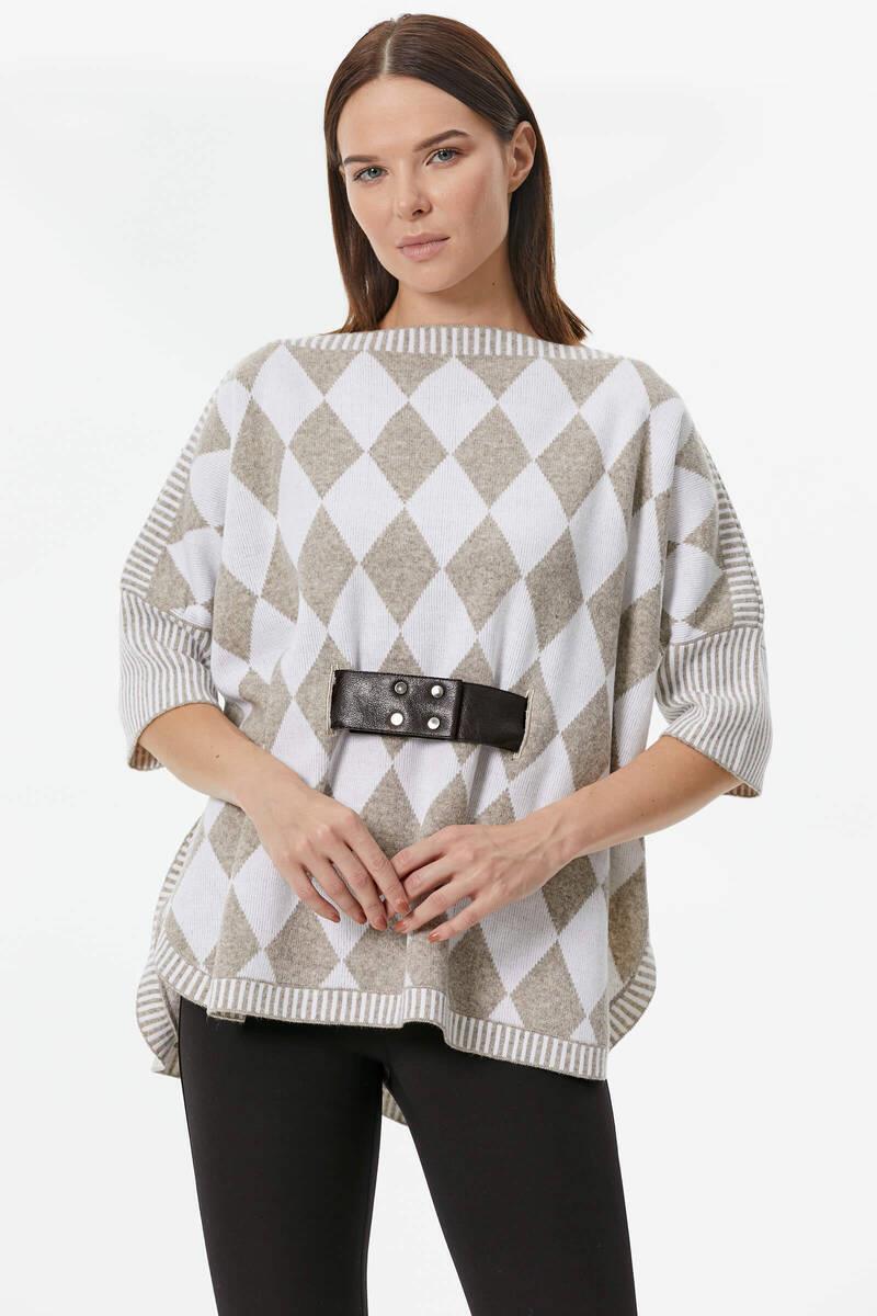 Baklava Desenli Kemer Aksesuarlı Triko Kazak - Beyaz (2) Sementa