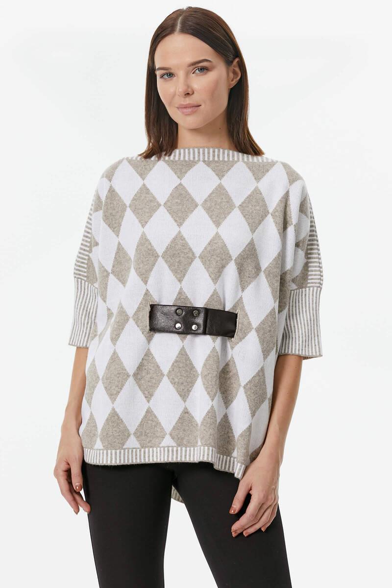 Baklava Desenli Kemer Aksesuarlı Triko Kazak - Beyaz (3) Sementa