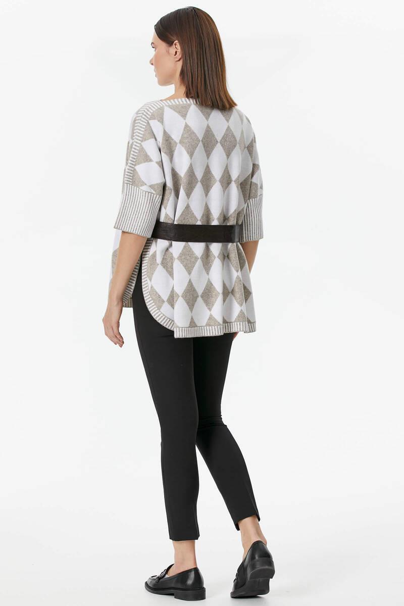 Baklava Desenli Kemer Aksesuarlı Triko Kazak - Beyaz (4) Sementa