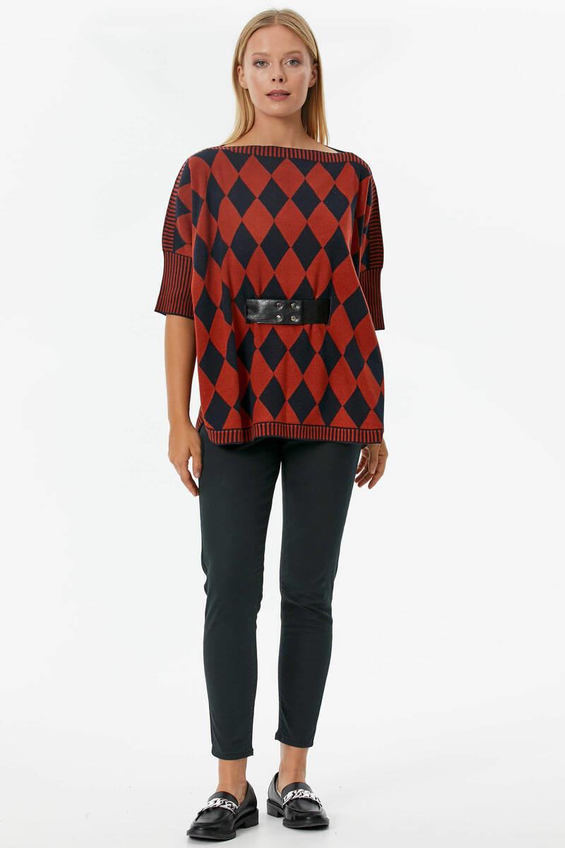 Baklava Desenli Kemer Aksesuarlı Triko Kazak - Kiremit (2) Sementa