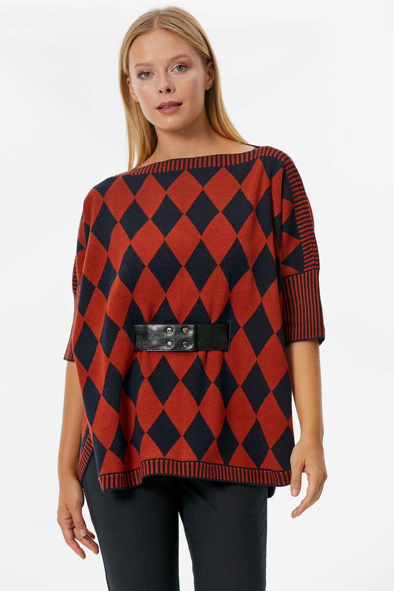 Baklava Desenli Kemer Aksesuarlı Triko Kazak - Kiremit (3) Sementa