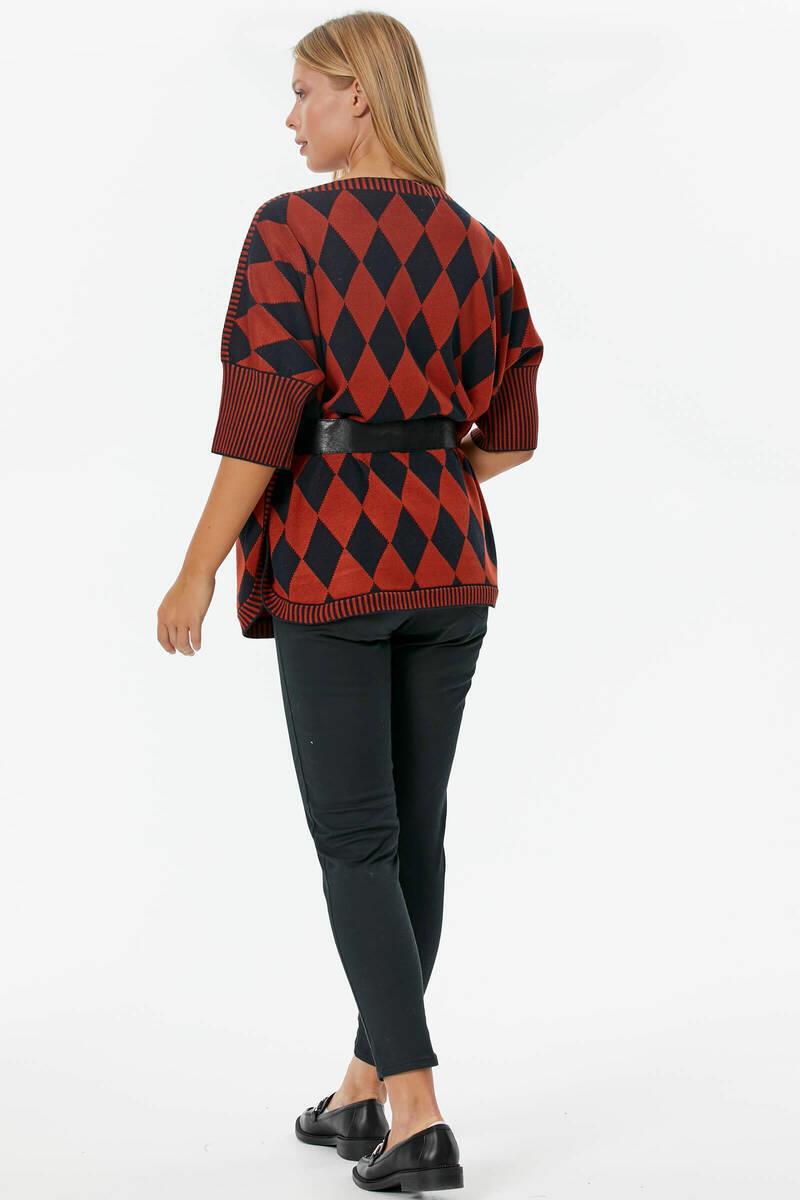 Baklava Desenli Kemer Aksesuarlı Triko Kazak - Kiremit (5) Sementa