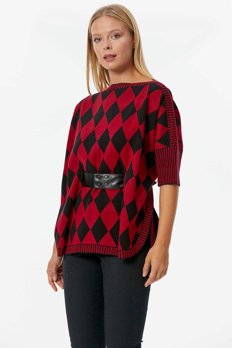 Baklava Desenli Kemer Aksesuarlı Triko Kazak - Kırmızı (3) Sementa