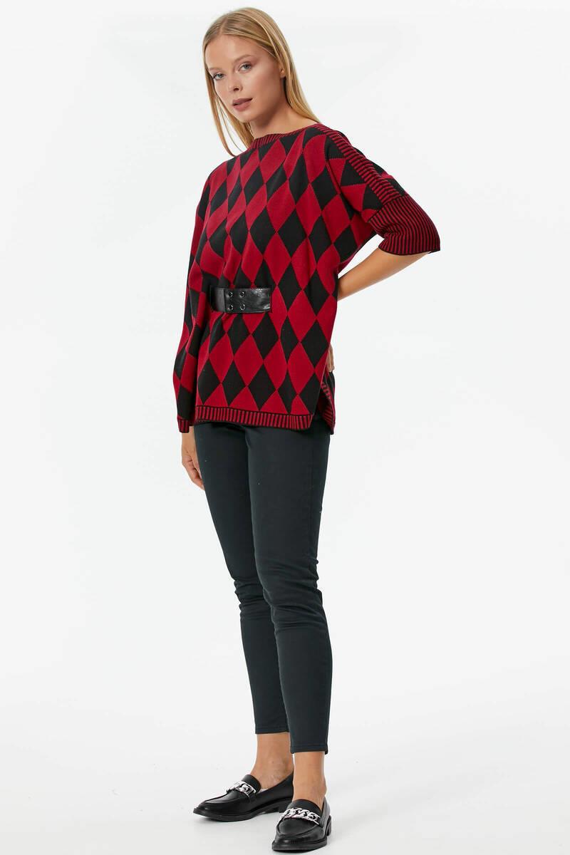 Baklava Desenli Kemer Aksesuarlı Triko Kazak - Kırmızı (4) Sementa