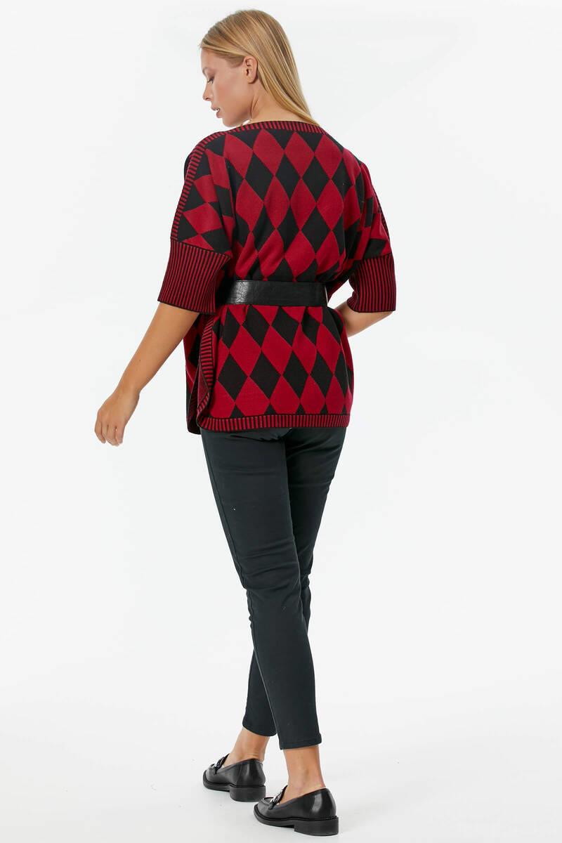 Baklava Desenli Kemer Aksesuarlı Triko Kazak - Kırmızı (5) Sementa