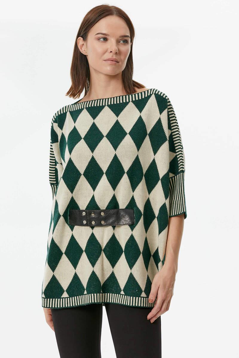 Baklava Desenli Kemer Aksesuarlı Triko Kazak - Krem (3) Sementa