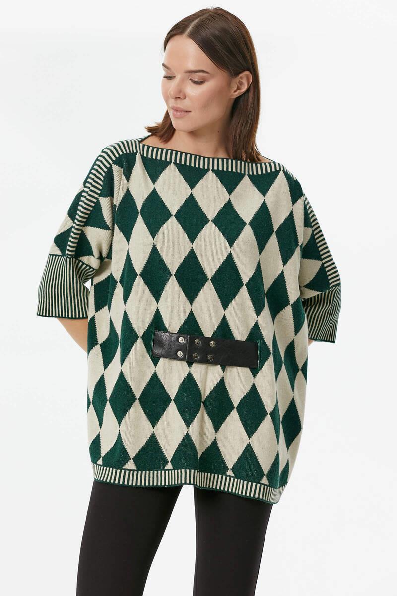 Baklava Desenli Kemer Aksesuarlı Triko Kazak - Krem (4) Sementa