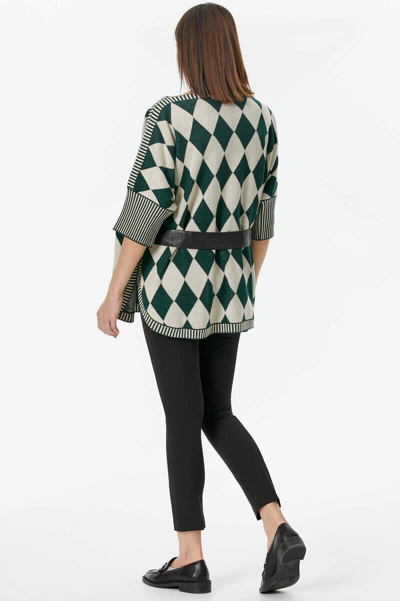 Baklava Desenli Kemer Aksesuarlı Triko Kazak - Krem (5) Sementa