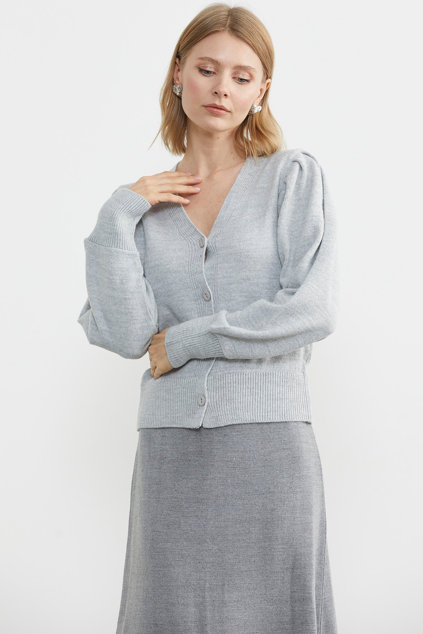 Balon Kol Basic Triko Hırka - Gri (5) Sementa