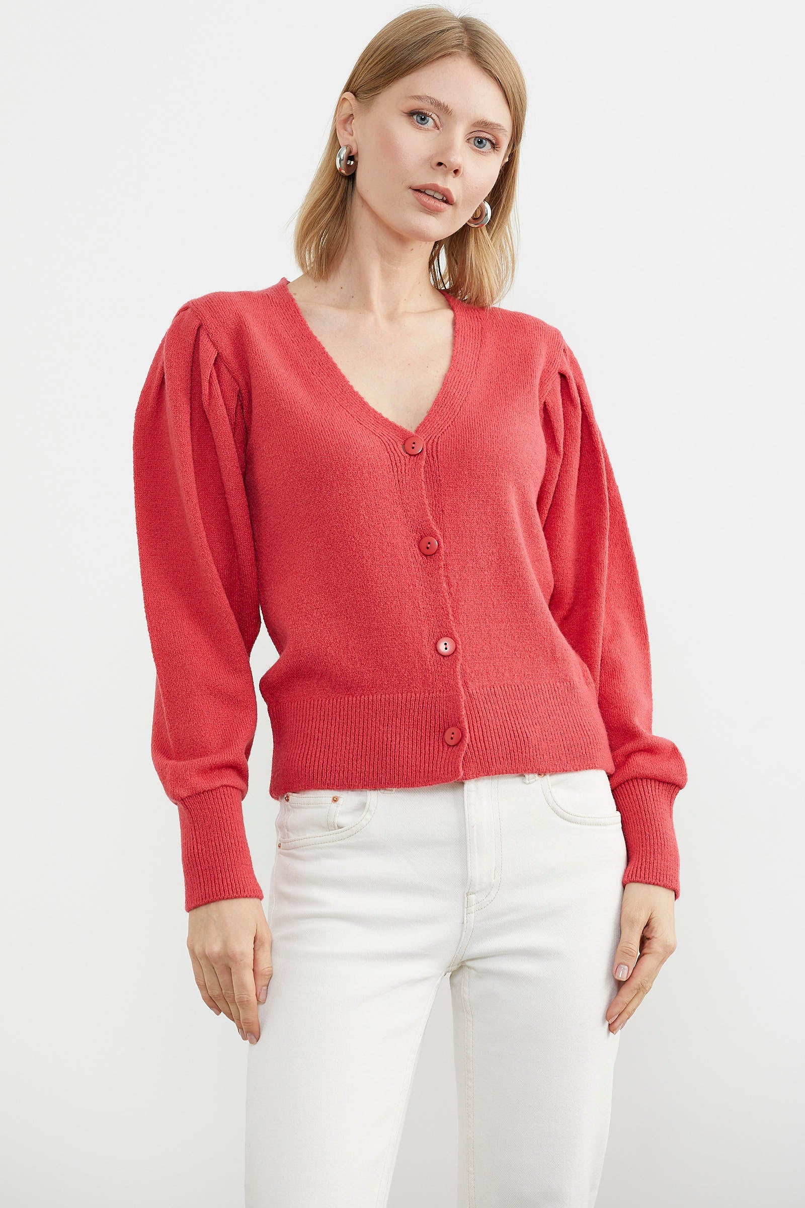 Balon Kol Basic Triko Hırka - Gül (1) Sementa