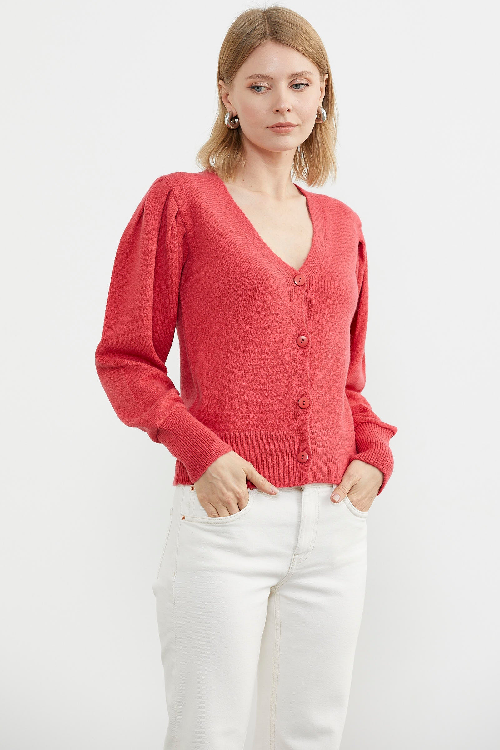 Balon Kol Basic Triko Hırka - Gül (3) Sementa