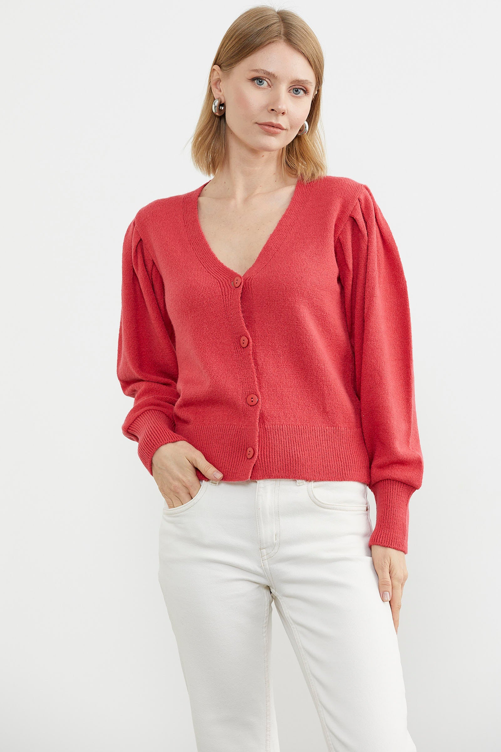 Balon Kol Basic Triko Hırka - Gül (4) Sementa