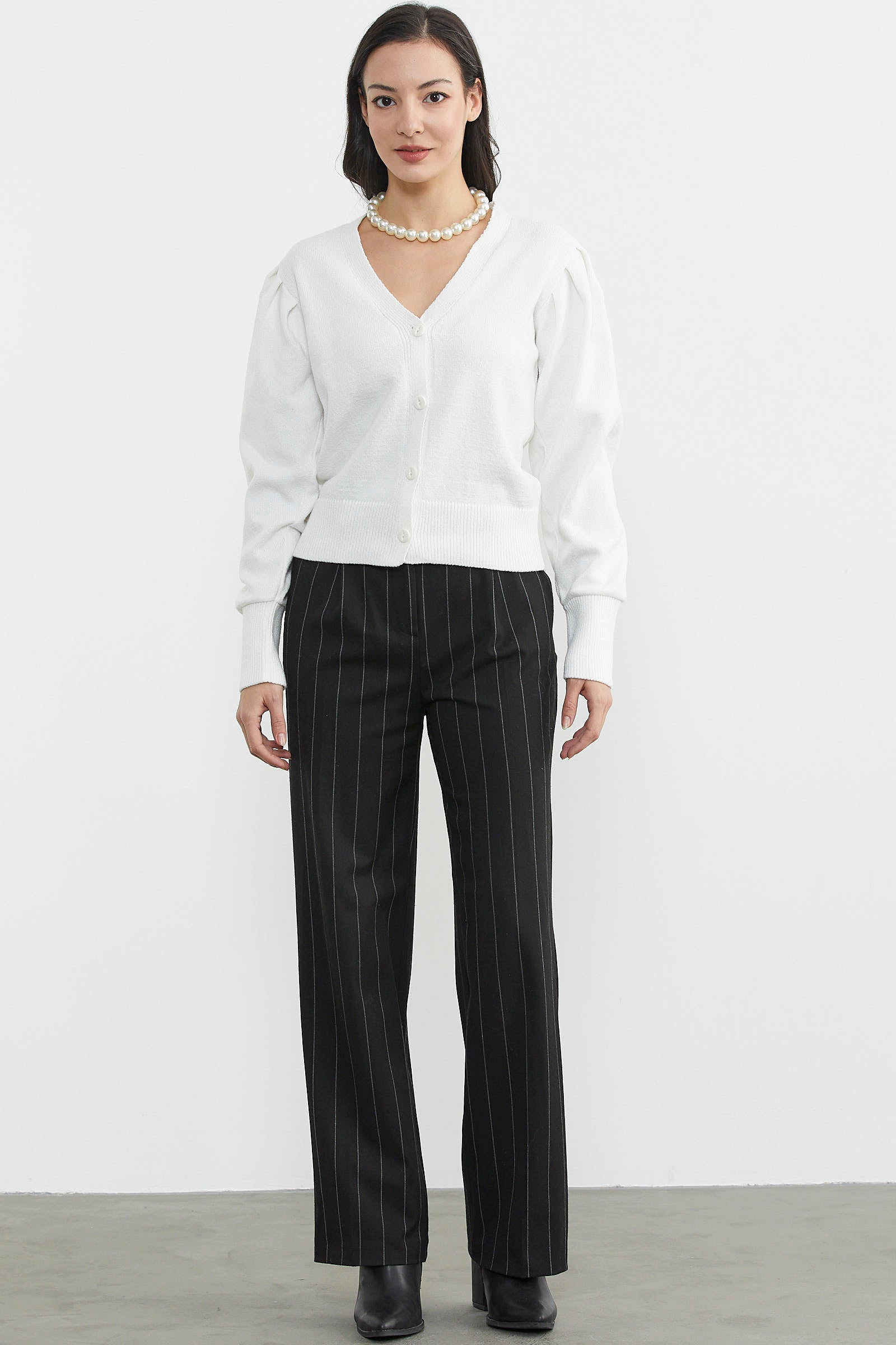 Balon Kol Basic Triko Hırka - Kemik (2) Sementa