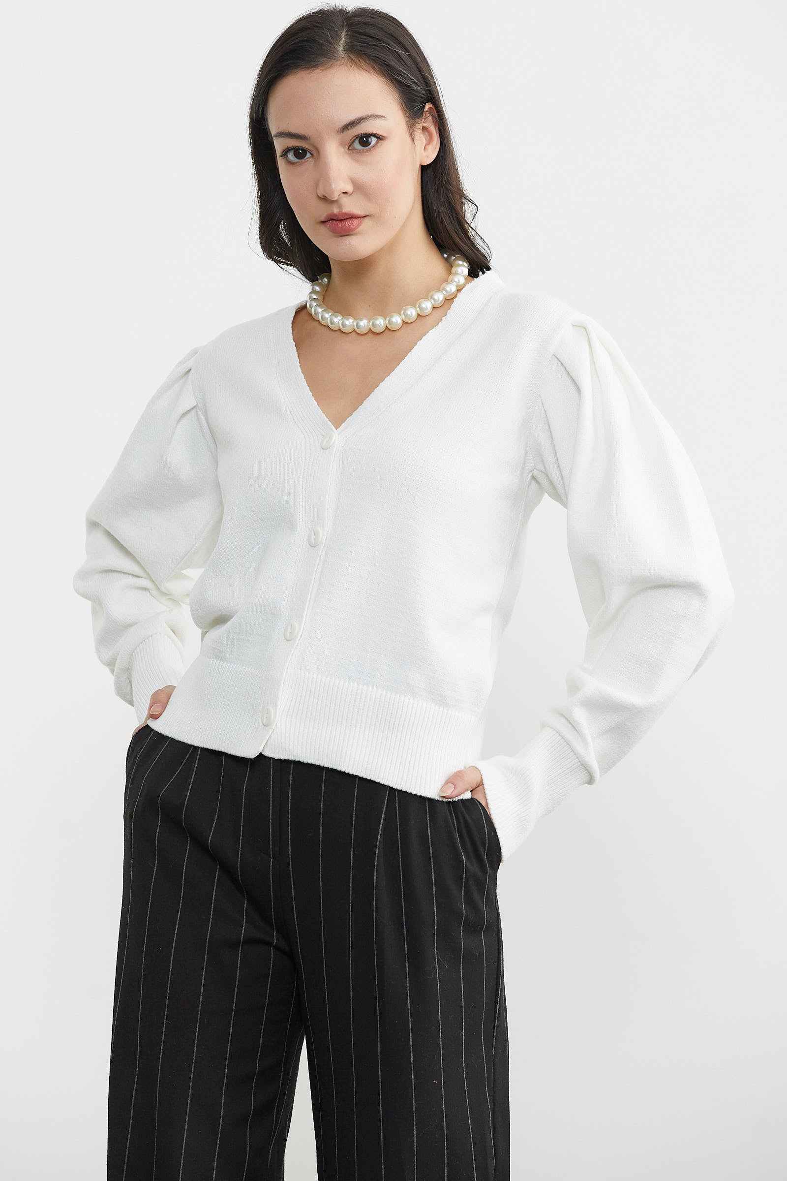 Balon Kol Basic Triko Hırka - Kemik (1) Sementa