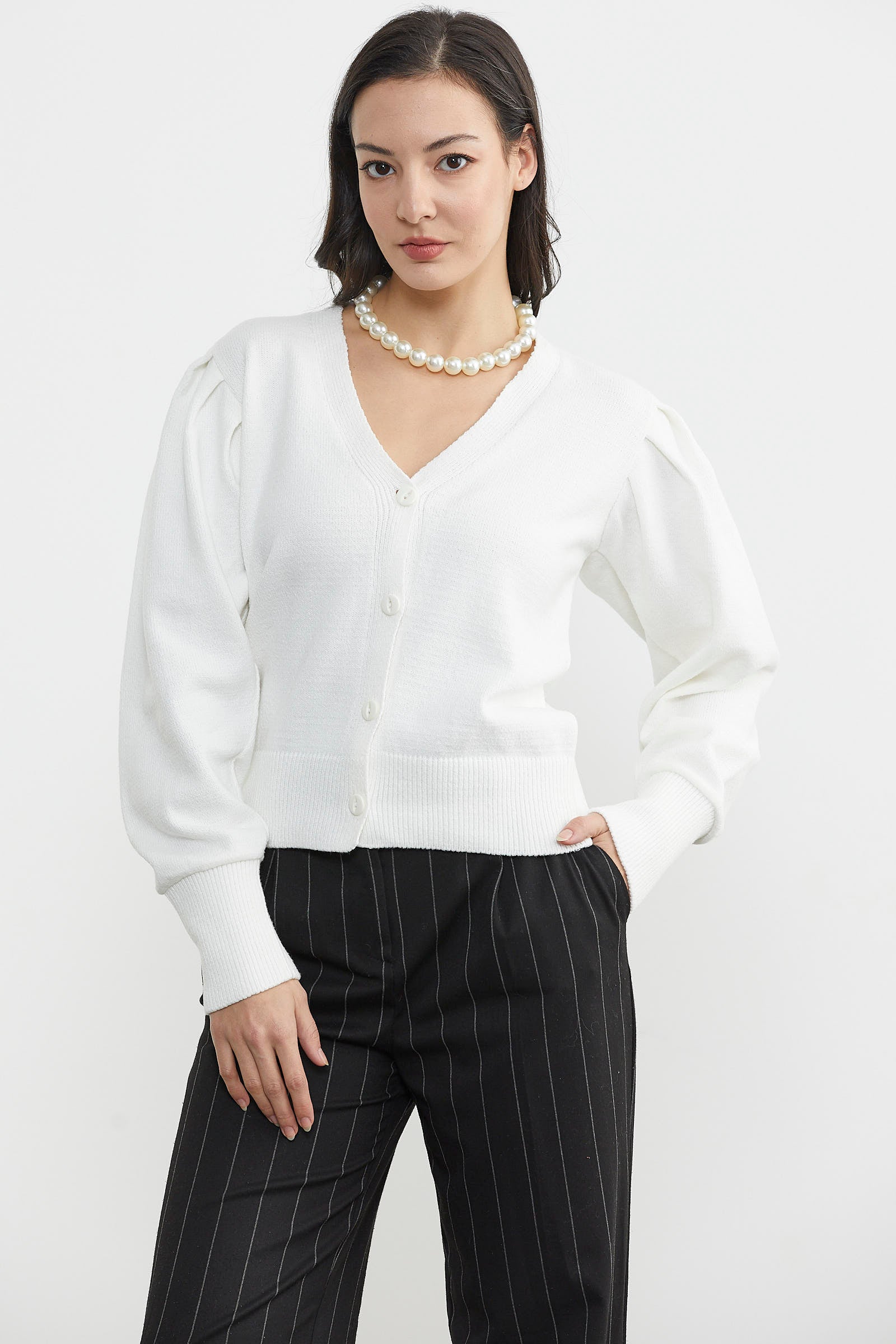 Balon Kol Basic Triko Hırka - Kemik (3) Sementa