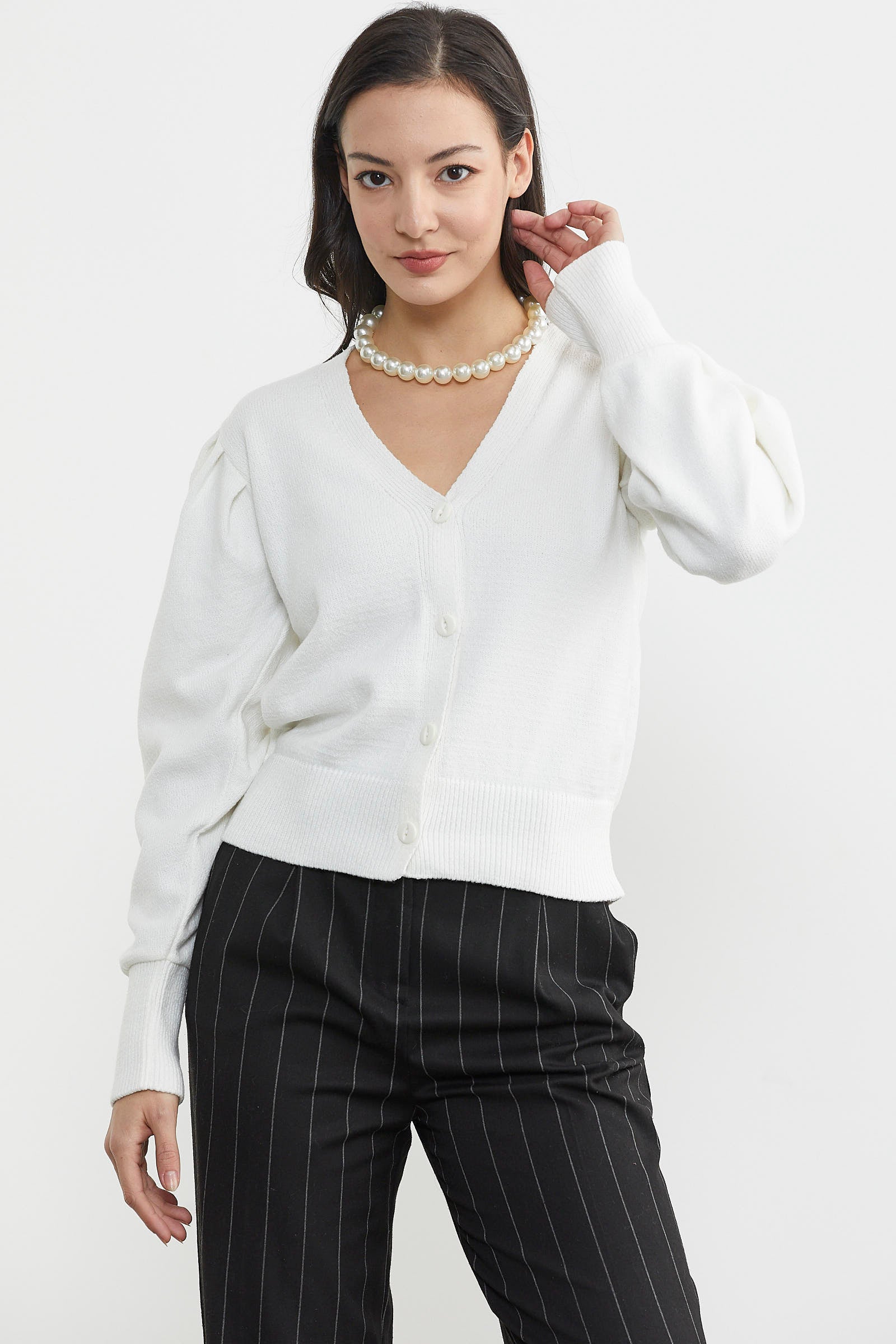 Balon Kol Basic Triko Hırka - Kemik (4) Sementa