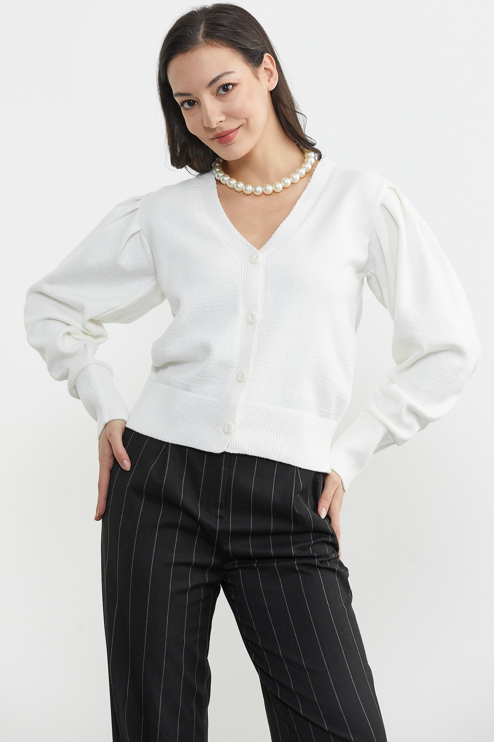 Balon Kol Basic Triko Hırka - Kemik (5) Sementa