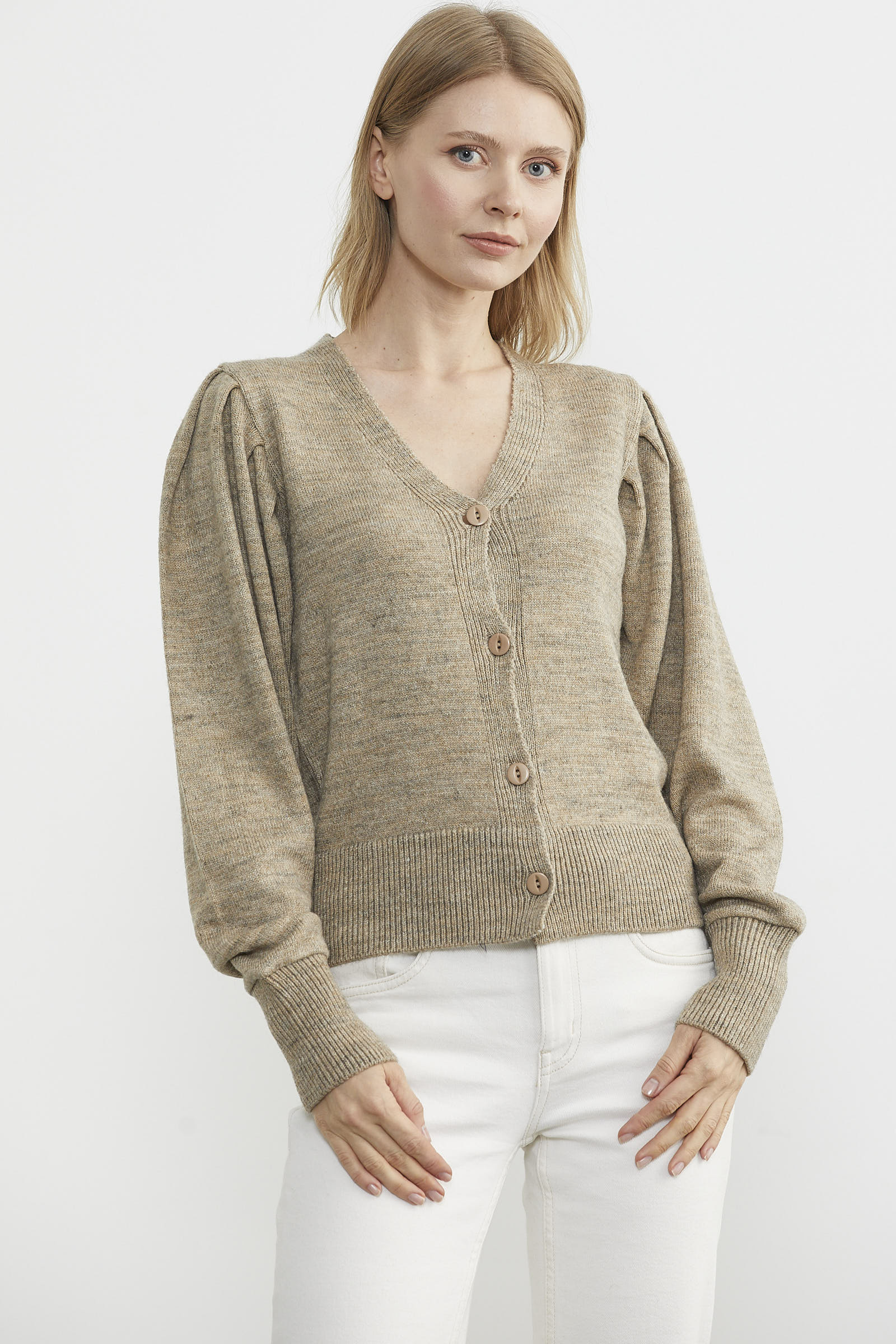 Balon Kol Basic Triko Hırka - Koyu Bej (1) Sementa