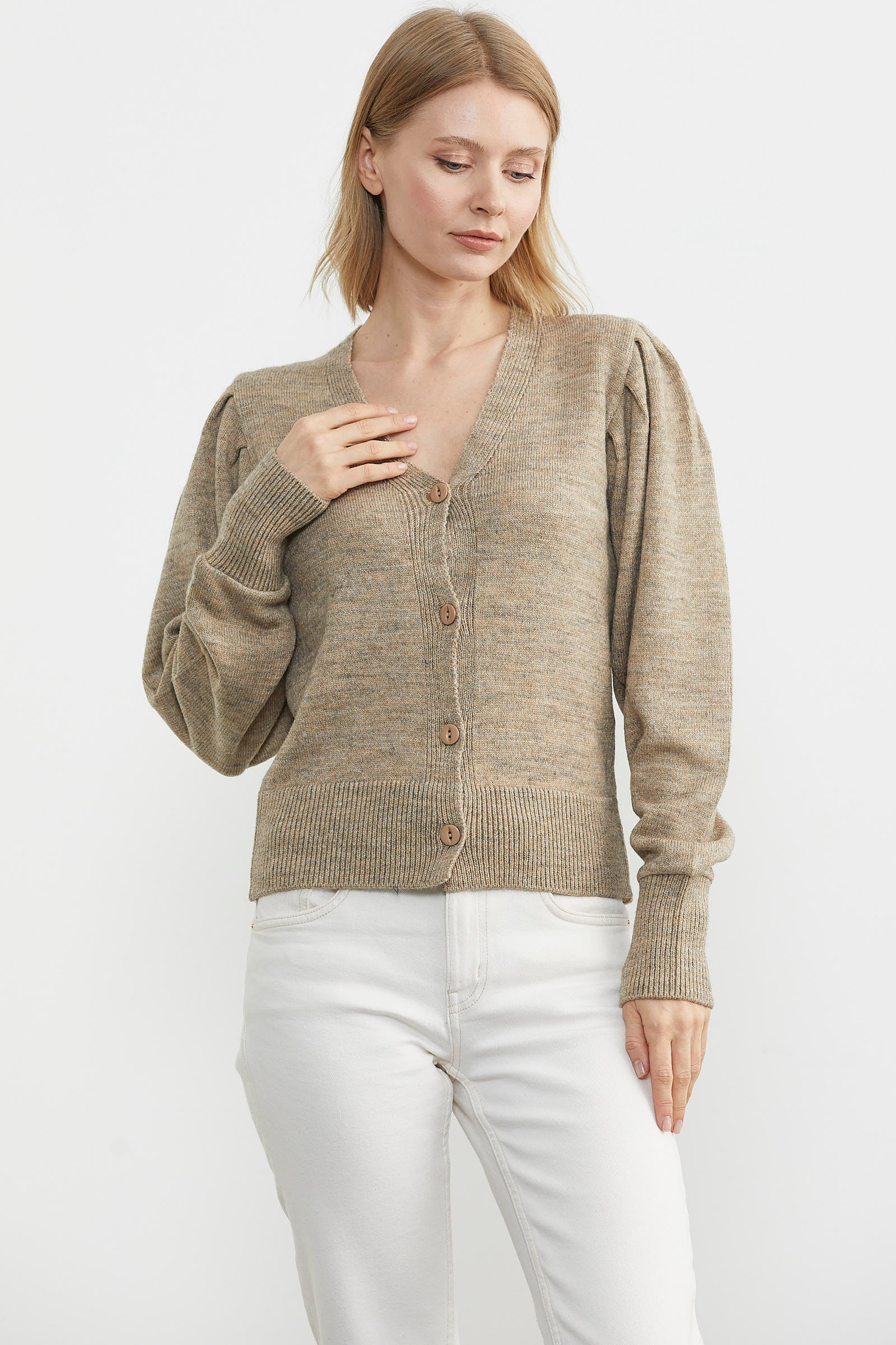 Balon Kol Basic Triko Hırka - Koyu Bej (2) Sementa