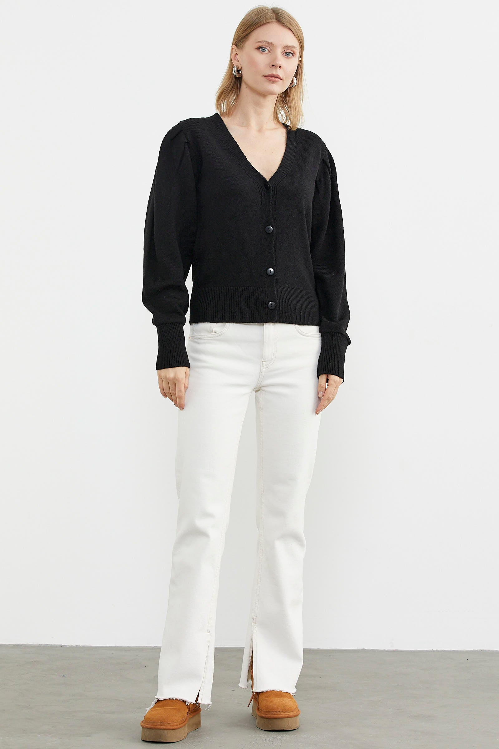 Balon Kol Basic Triko Hırka - Siyah (2) Sementa