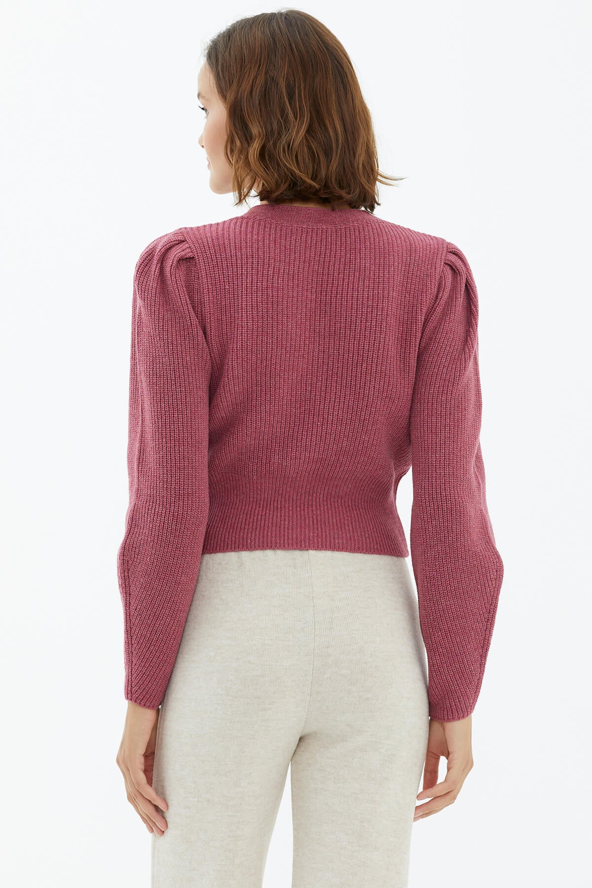 Balon Kol Düğmeli Triko Hırka - Gül (4) Sementa