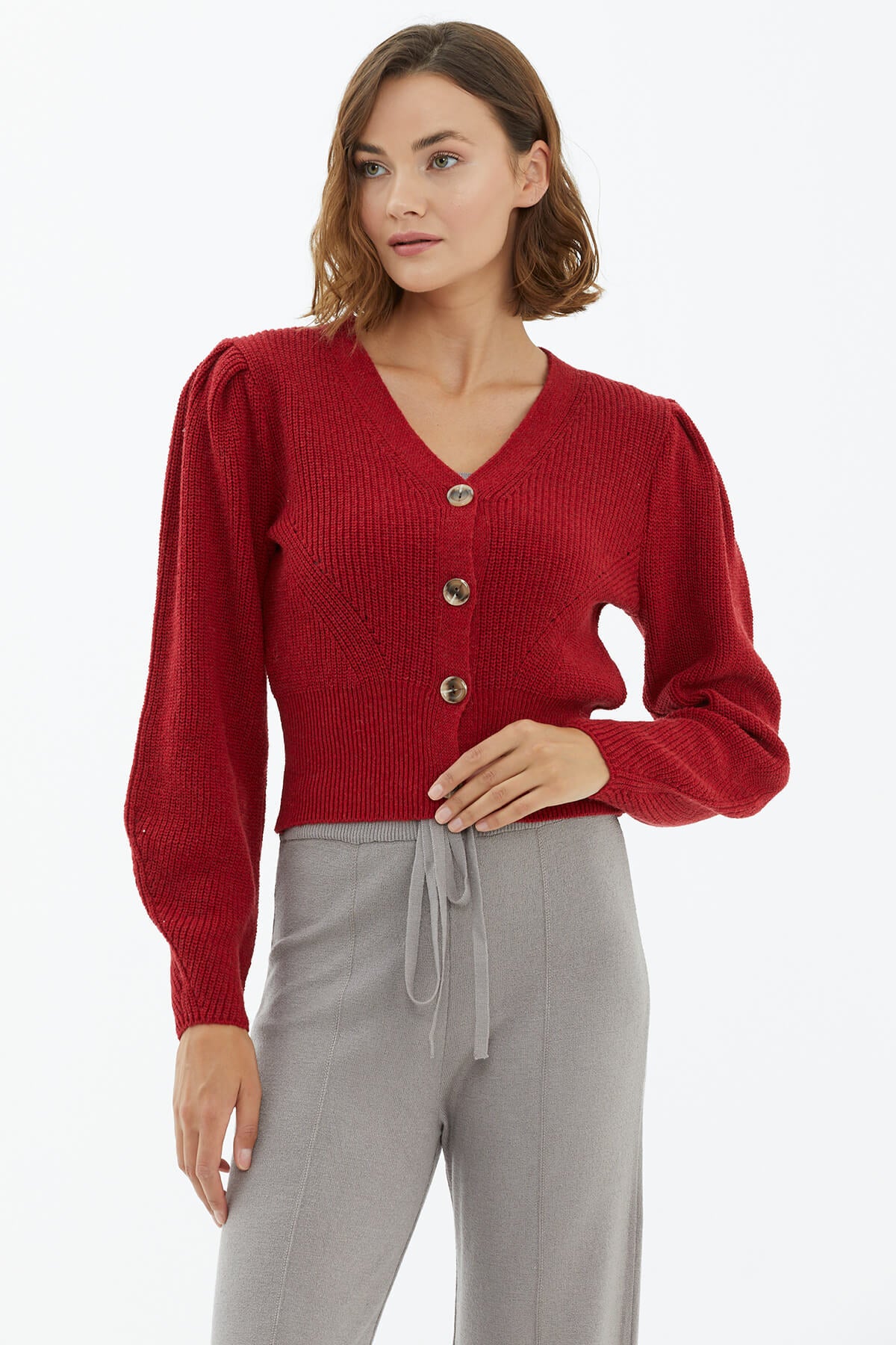 Balon Kol Düğmeli Triko Hırka - Kırmızı (3) Sementa