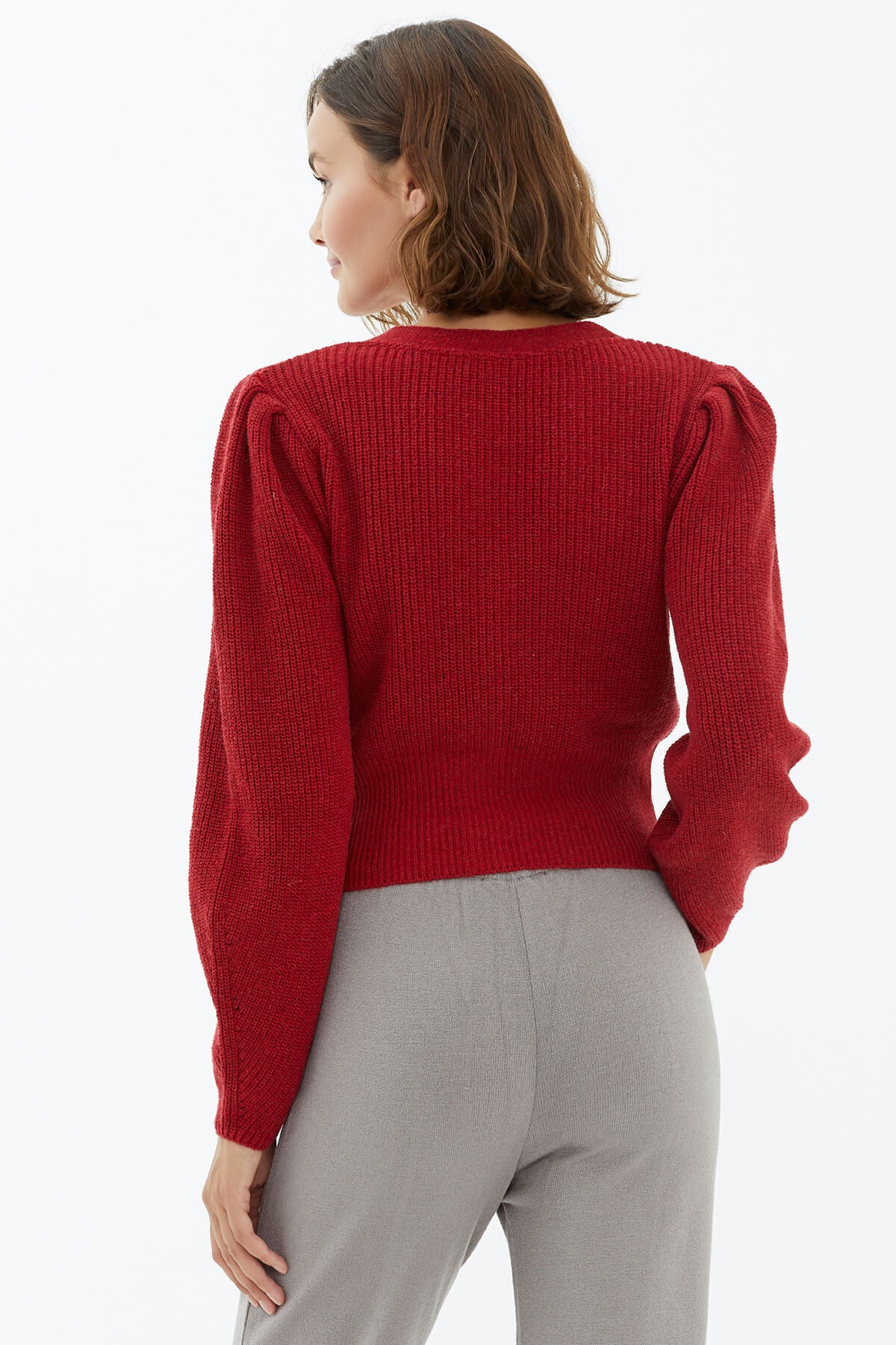 Balon Kol Düğmeli Triko Hırka - Kırmızı (4) Sementa