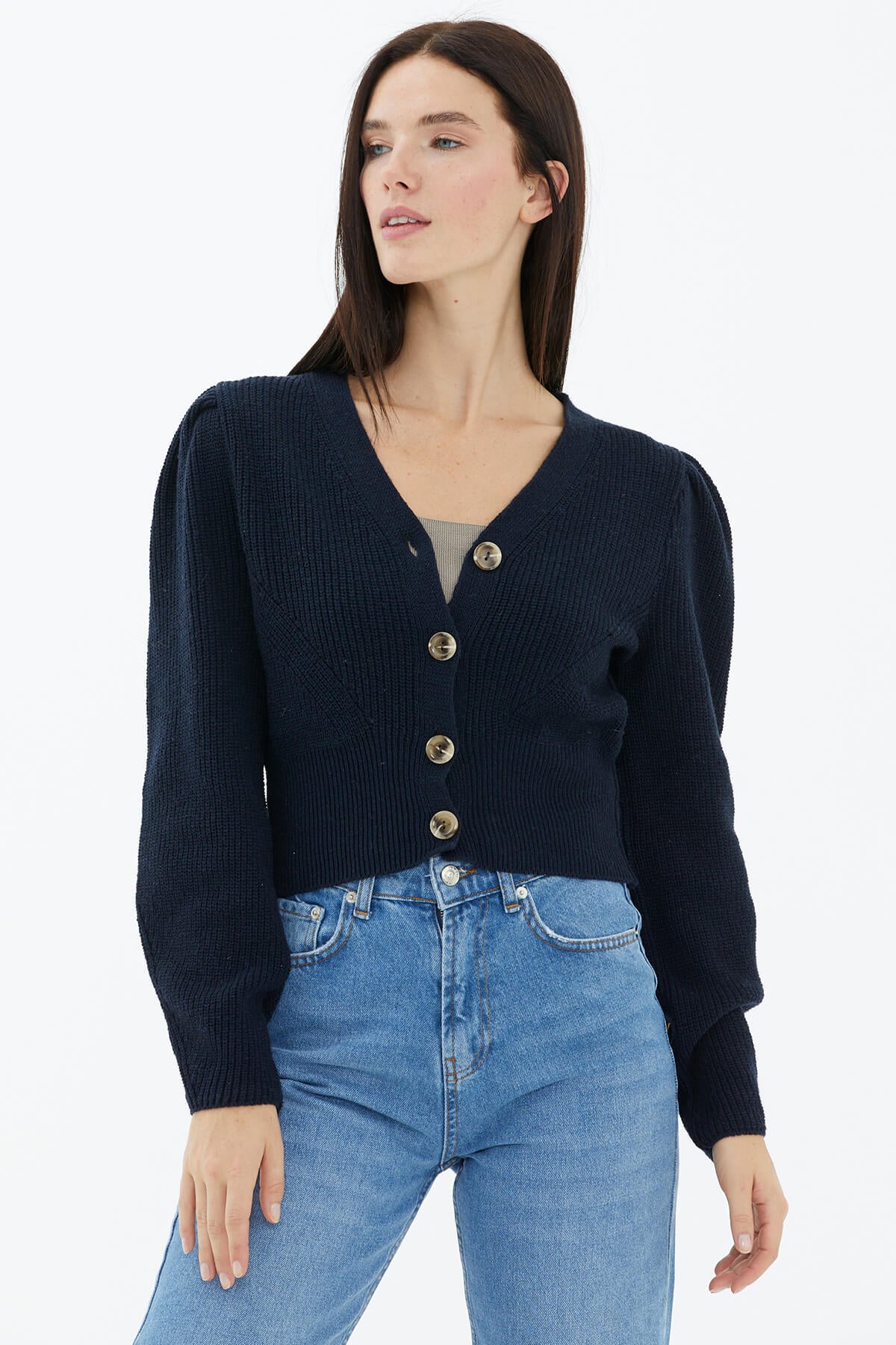 Balon Kol Düğmeli Triko Hırka - Lacivert (3) Sementa