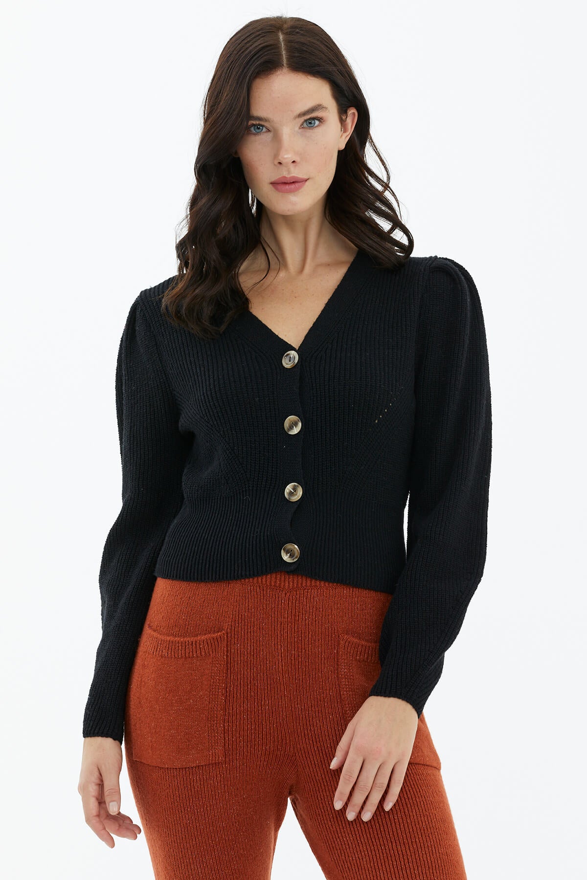 Balon Kol Düğmeli Triko Hırka - Siyah (3) Sementa