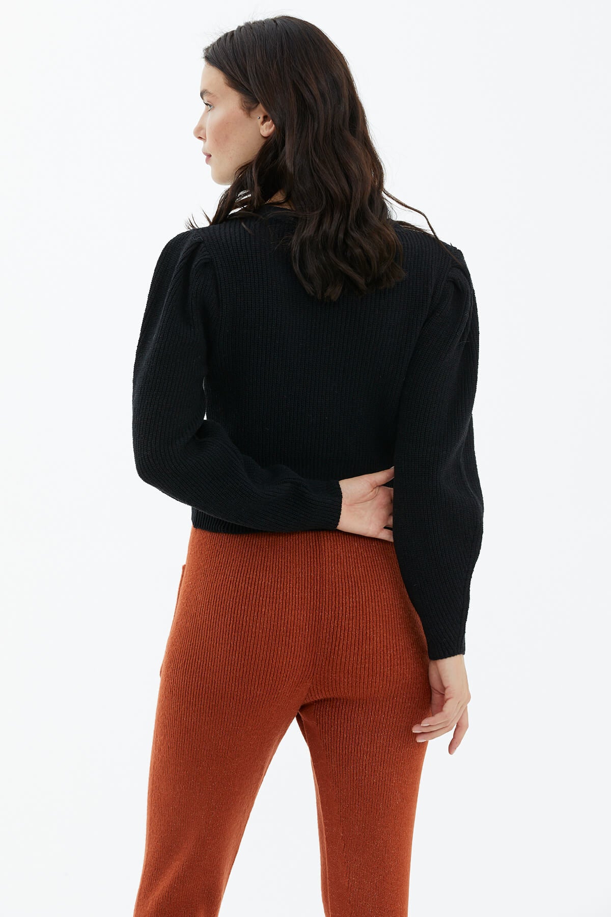 Balon Kol Düğmeli Triko Hırka - Siyah (4) Sementa