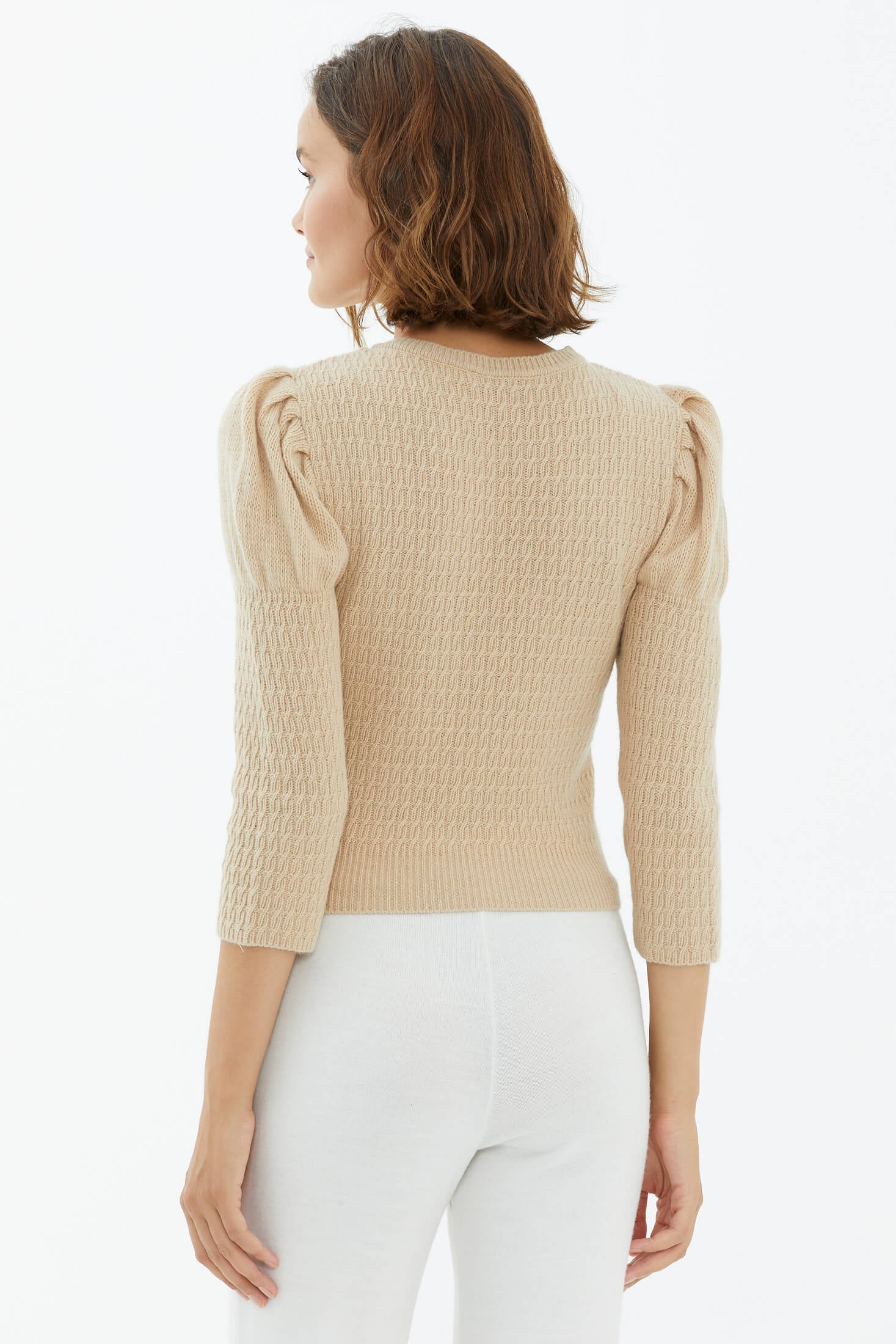 Balon Kol Saç Örgülü Triko Kazak - Bej (4) Sementa