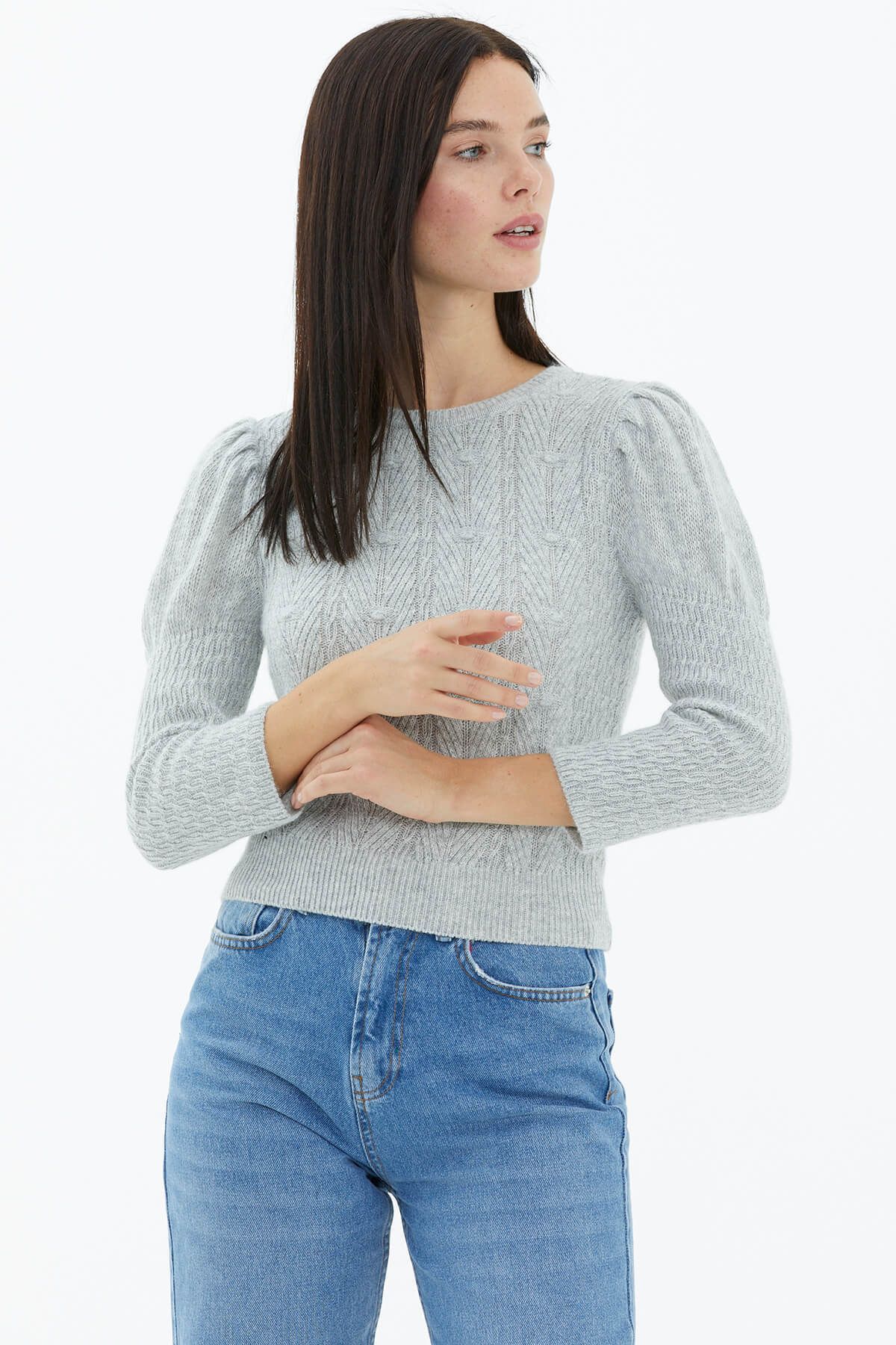 Balon Kol Saç Örgülü Triko Kazak - Gri (3) Sementa